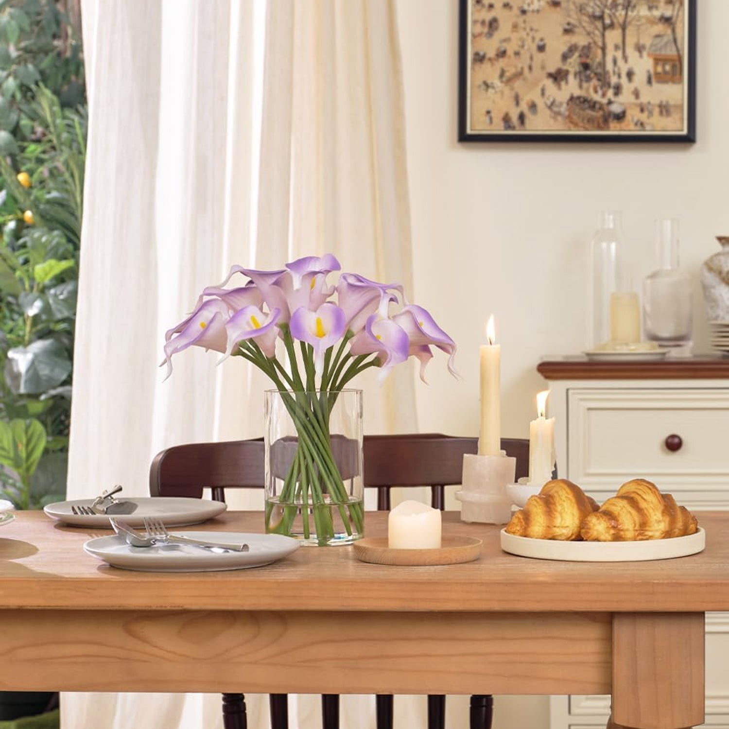 Artificial White & Purple Calla Lilies in Glass Vase with Faux Water – Elegant Table Centerpiece