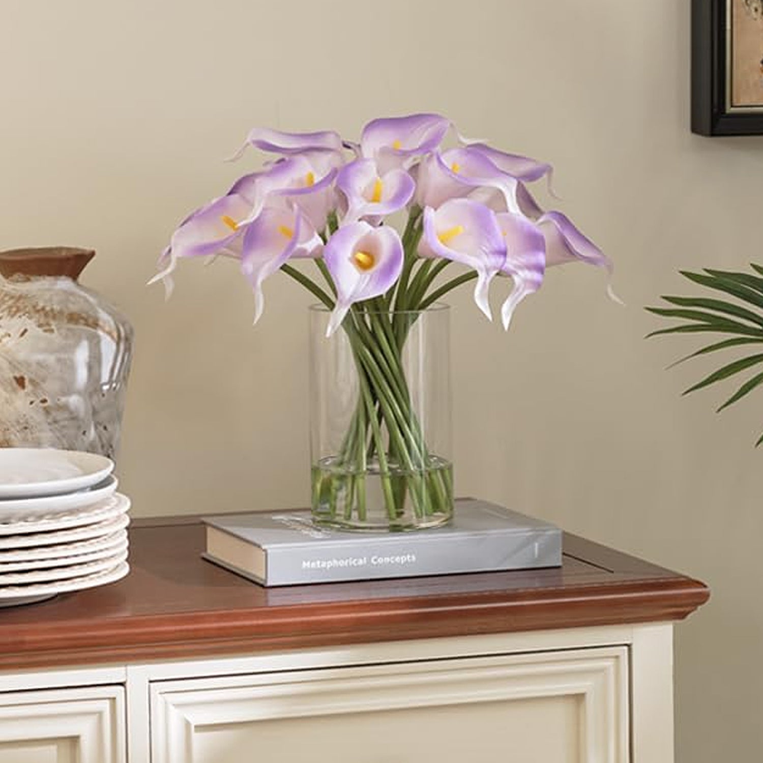 Artificial White & Purple Calla Lilies in Glass Vase with Faux Water – Elegant Table Centerpiece