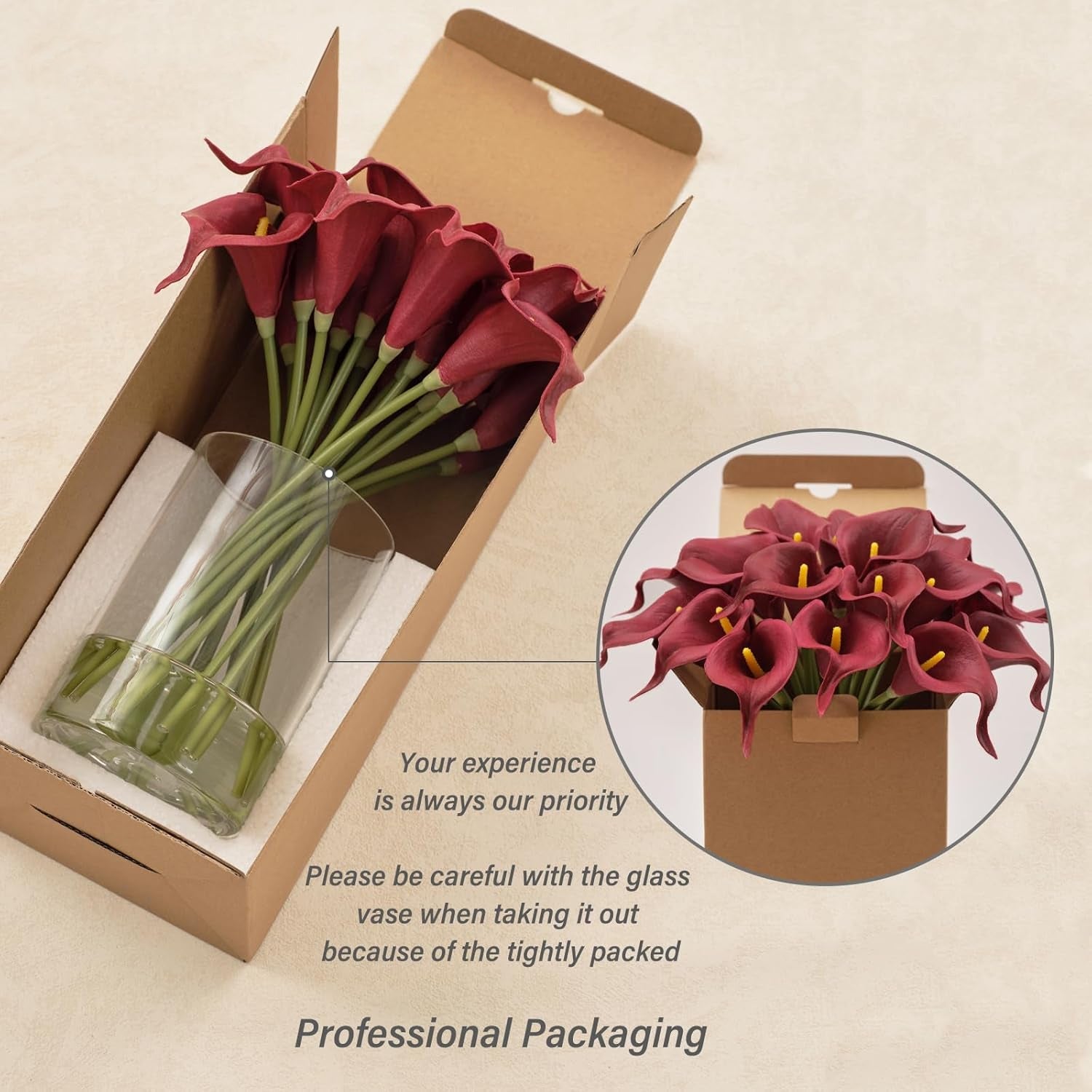 Artificial Burgundy Red Calla Lilies in Glass Vase with Faux Water – Elegant Table Centerpiece