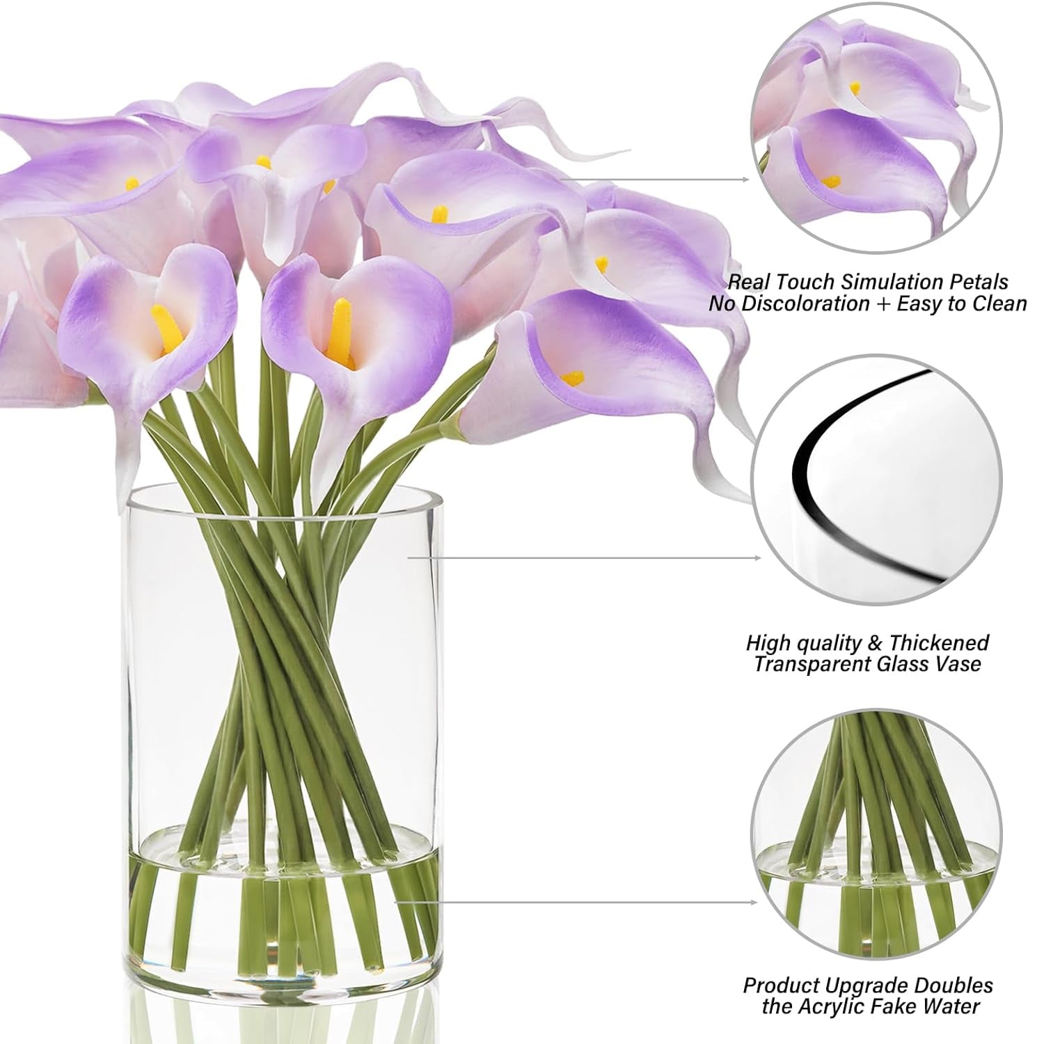 Artificial White & Purple Calla Lilies in Glass Vase with Faux Water – Elegant Table Centerpiece