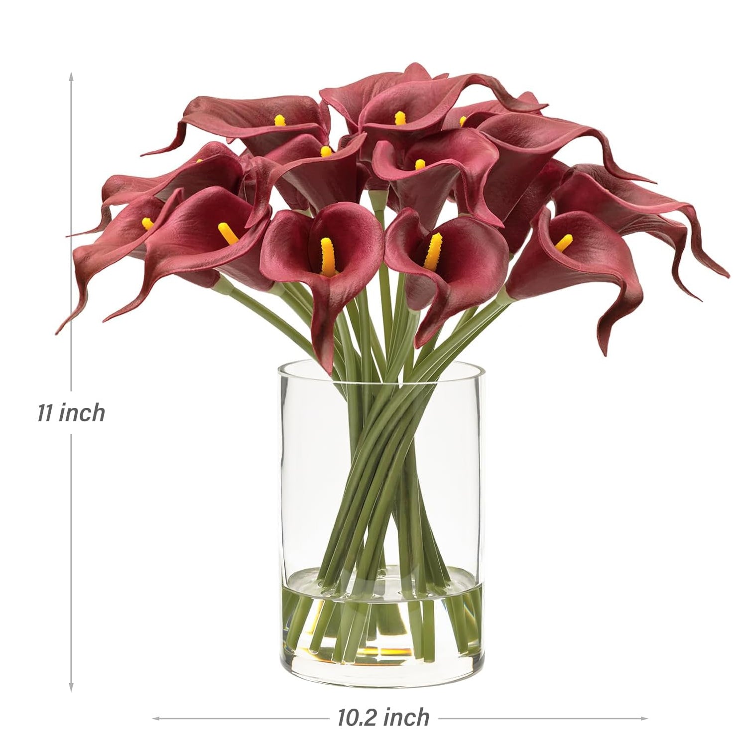Artificial Burgundy Red Calla Lilies in Glass Vase with Faux Water – Elegant Table Centerpiece