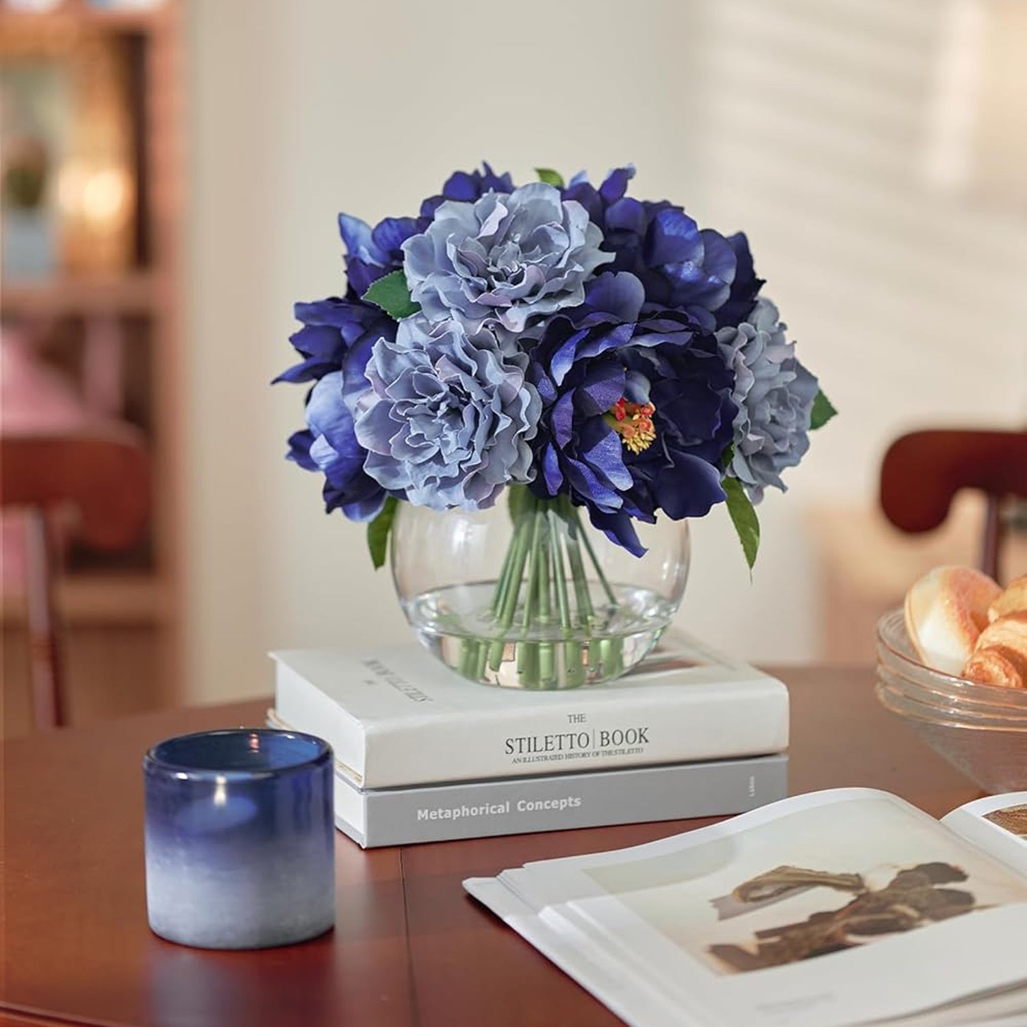 Artificial Blue Peonies in Glass Vase with Faux Water – Elegant Table Centerpiece