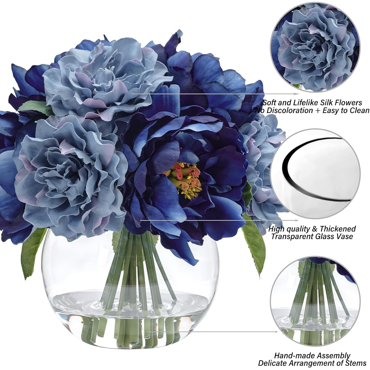 Artificial Blue Peonies in Glass Vase with Faux Water – Elegant Table Centerpiece