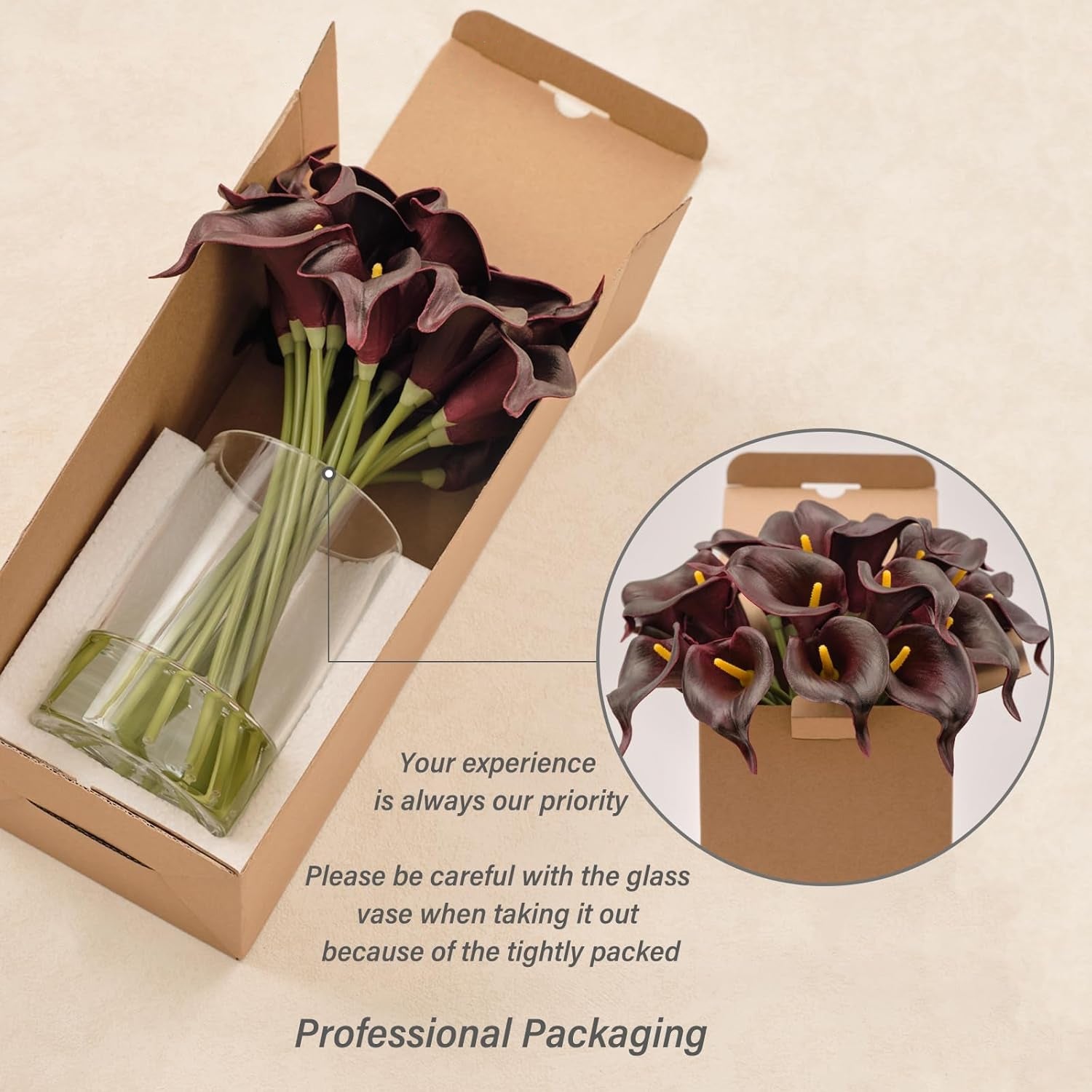 Artificial Masala Red Calla Lilies in Glass Vase with Faux Water – Elegant Table Centerpiece