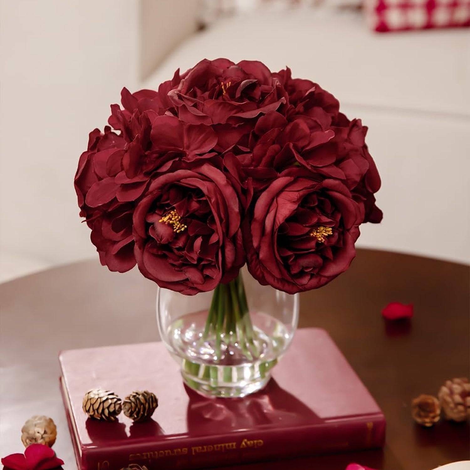 Artificial Red Peonies in Glass Vase with Faux Water – Elegant Table Centerpiece