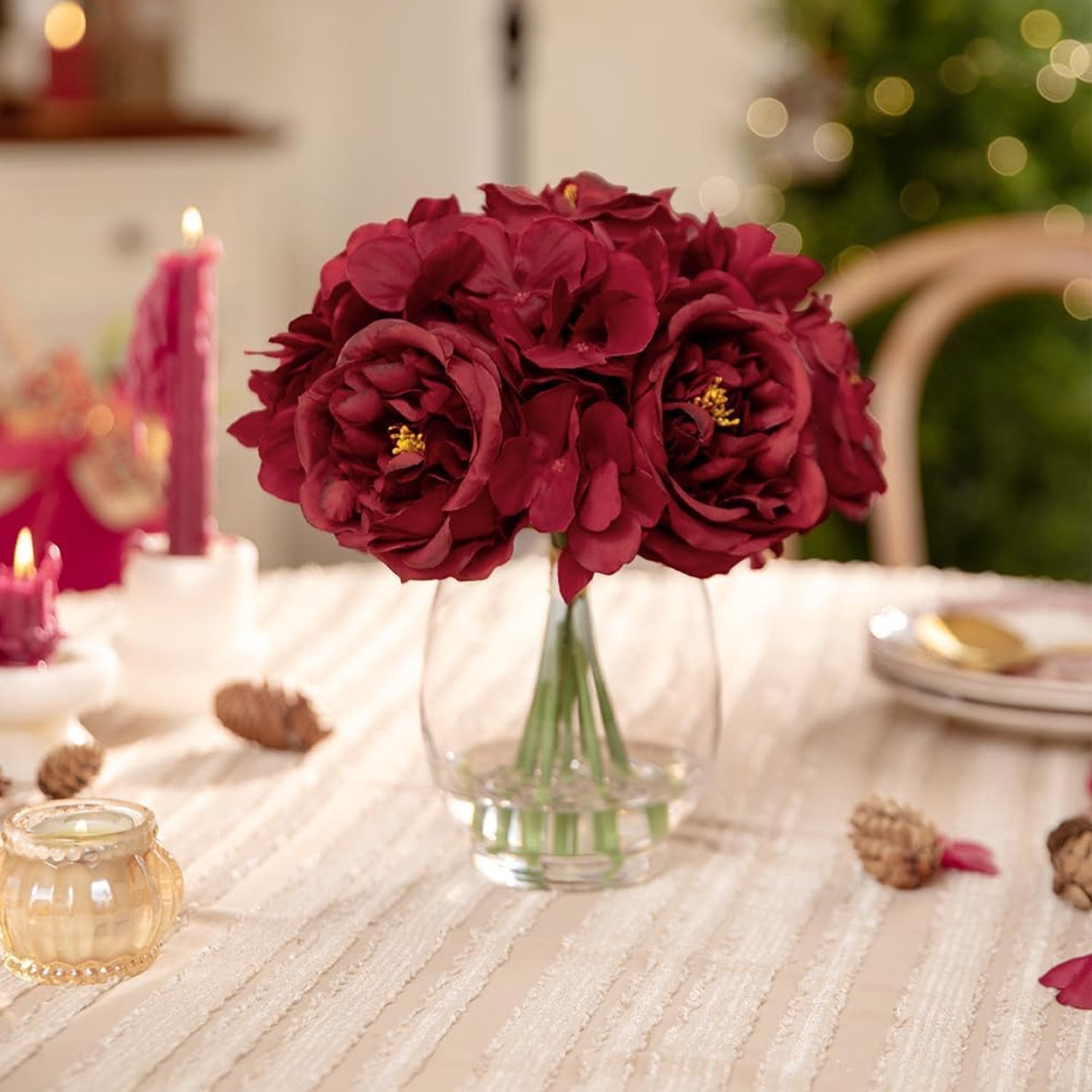 Artificial Red Peonies in Glass Vase with Faux Water – Elegant Table Centerpiece