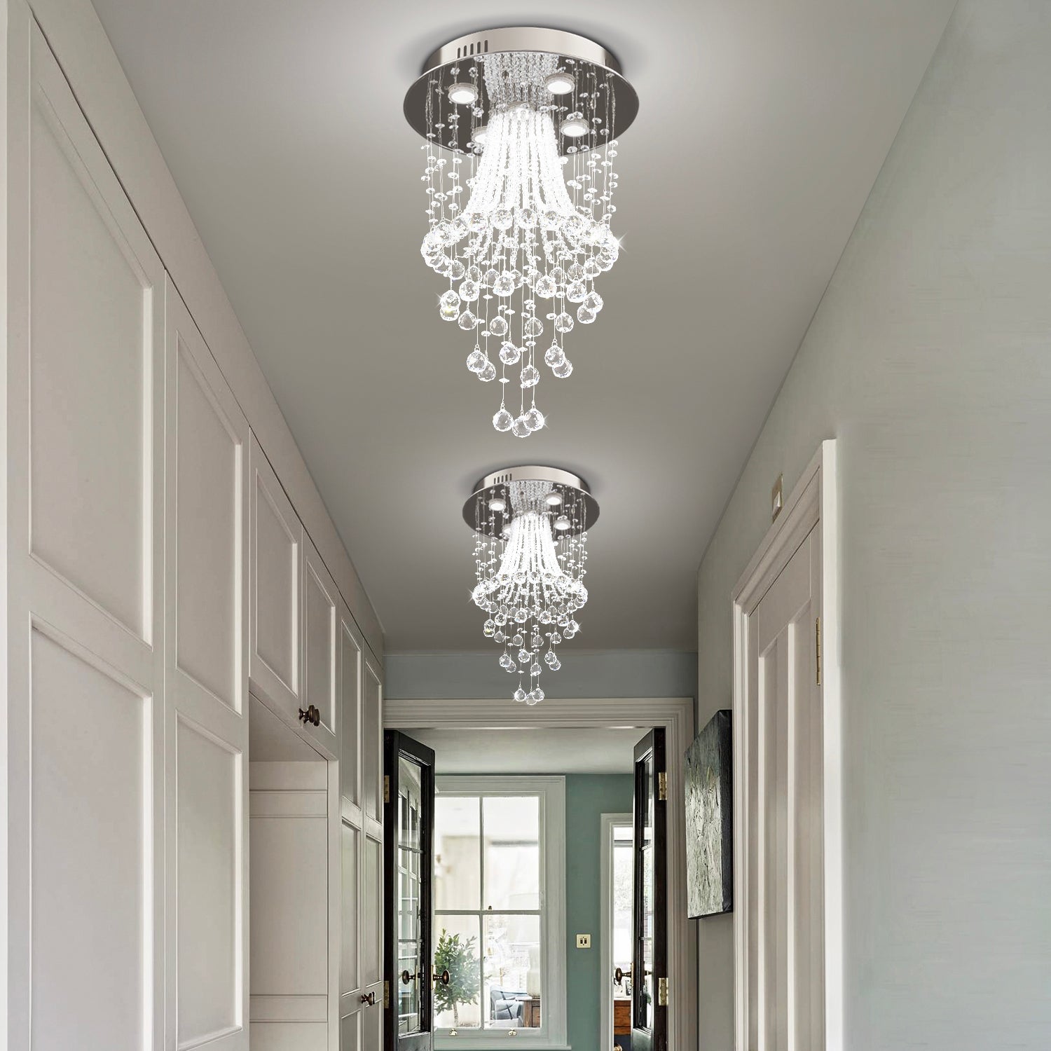Modern Round Flush Mount Crystal Chandelier - Hallway | Sofary