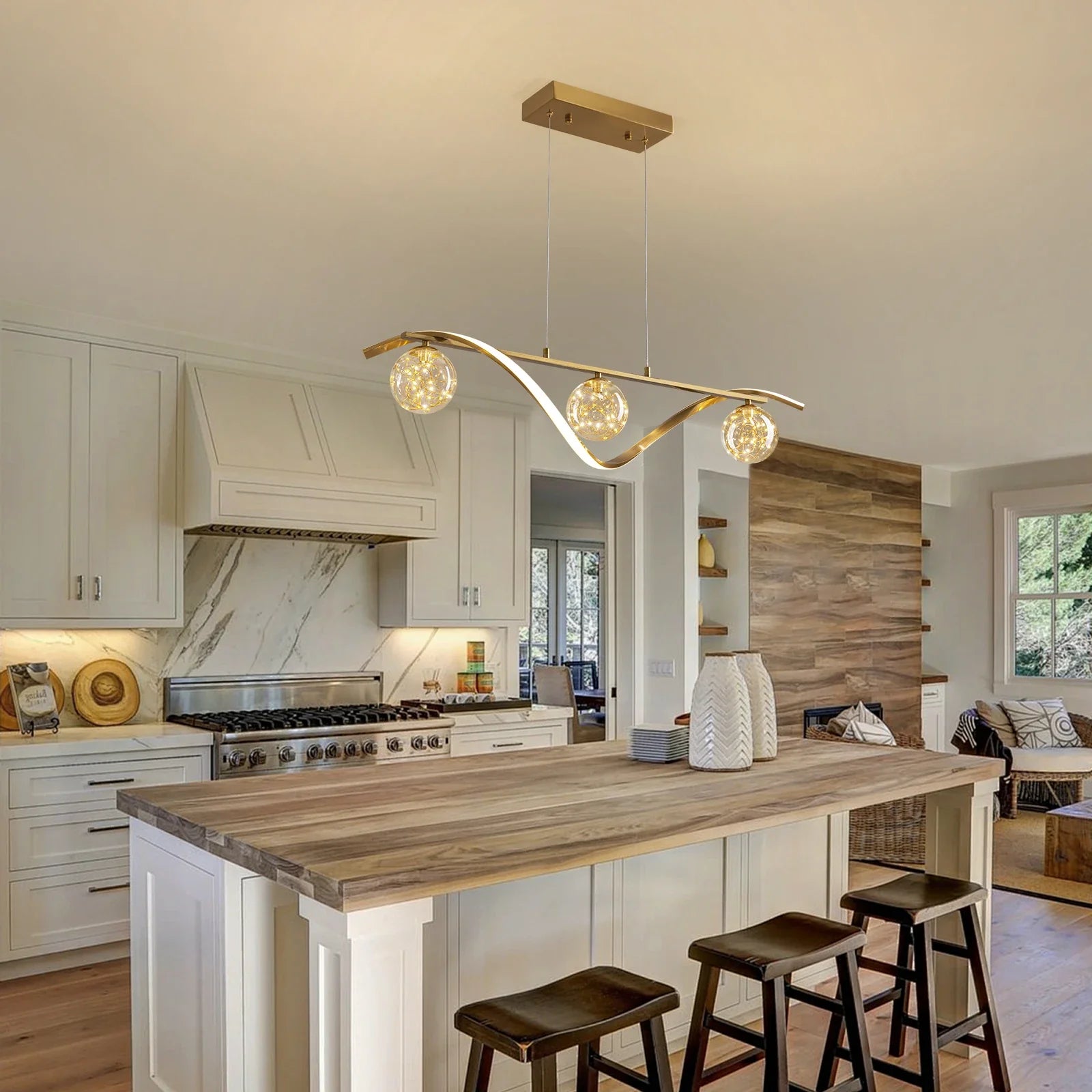 Linear LED Pendant Chandelier in Gold with Glass Globe Shade-Sofary Lighting