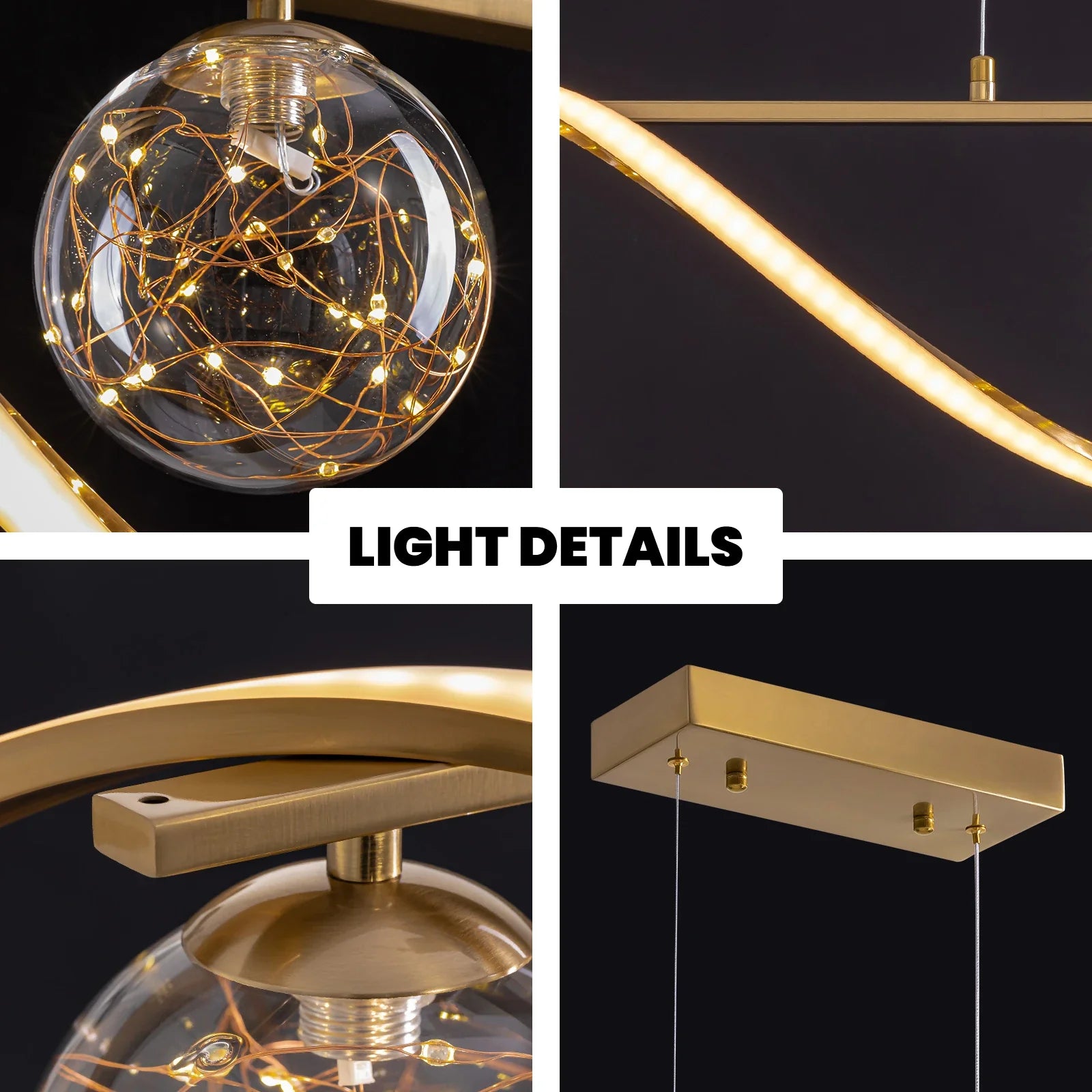 Linear LED Pendant Chandelier in Gold with Glass Globe Shade-Sofary Lighting
