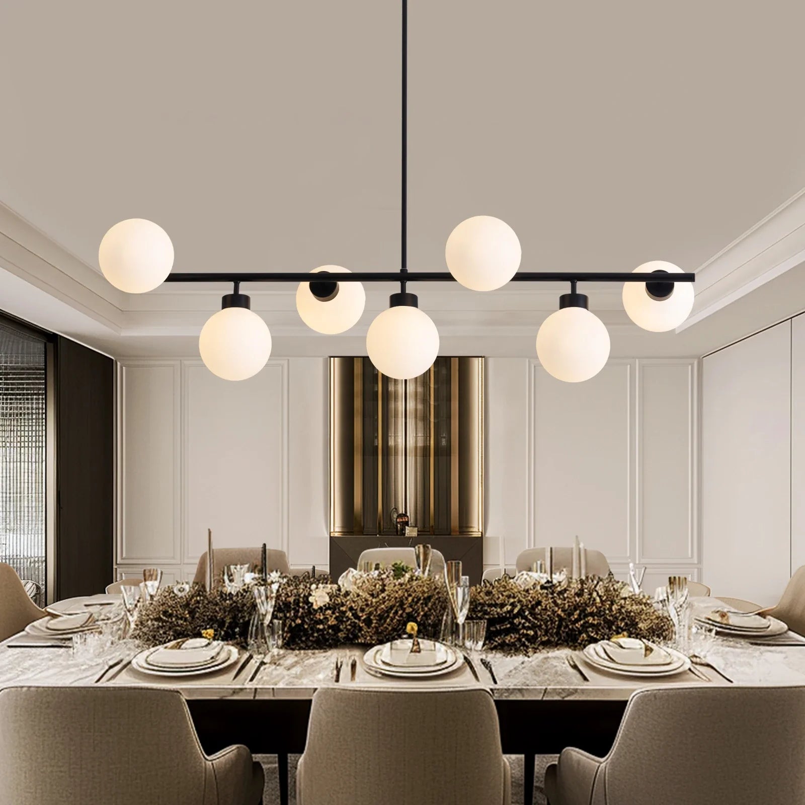 Modern Linear Black Chandelier with Milk Glass Globes - Sofary Lighting