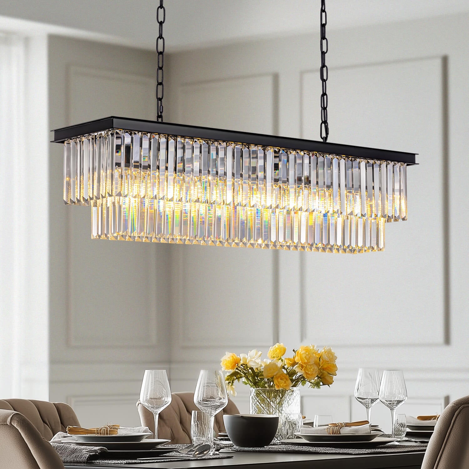 Modern Glam Black Metal Crystal Rectangular Chandelier for Dining Room and Kitchen Island | Sofary Lighting-ch028-20250623-1