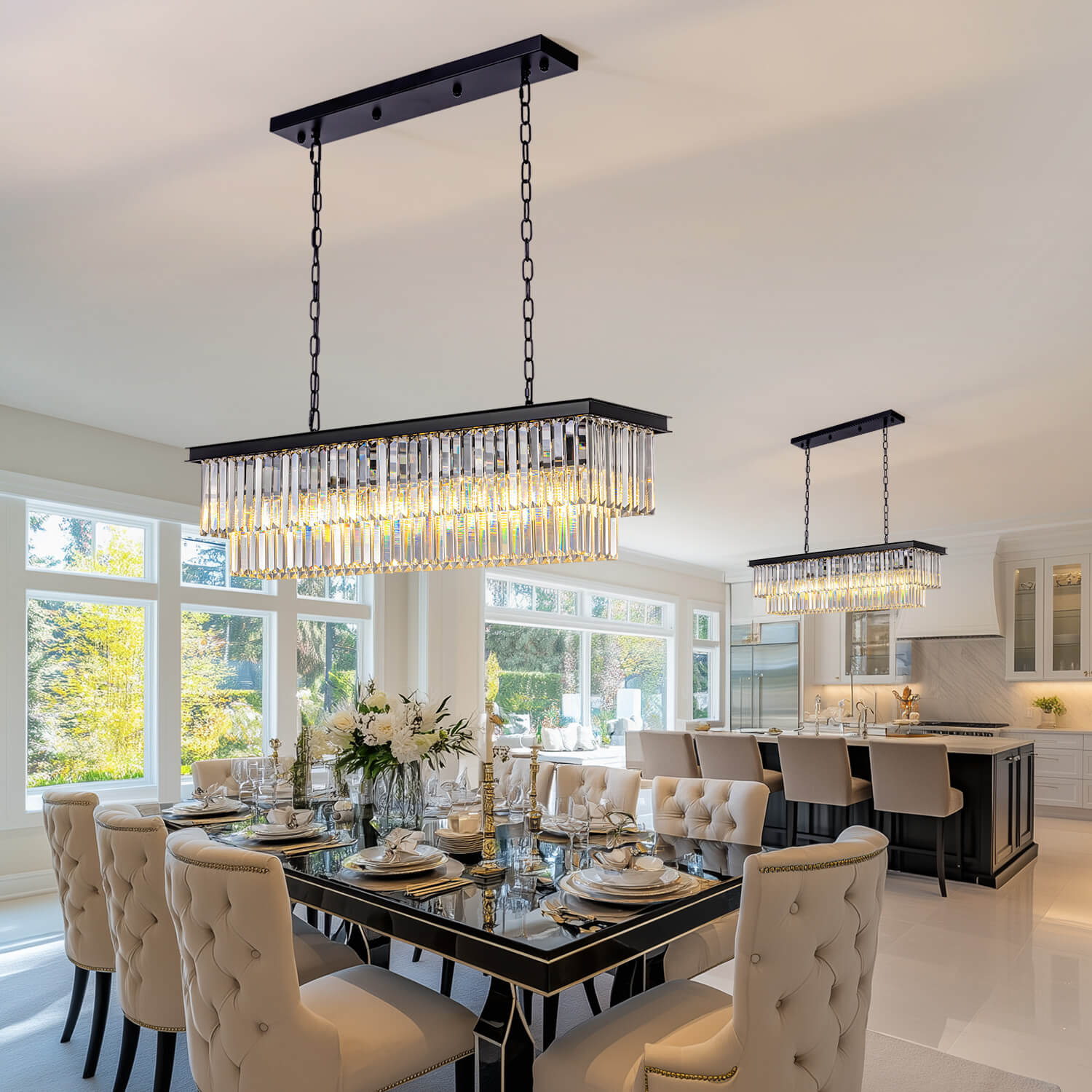 Modern Glam Black Metal Crystal Rectangular Chandelier for Dining Room and Kitchen Island | Sofary Lighting-ch028-20250623-9