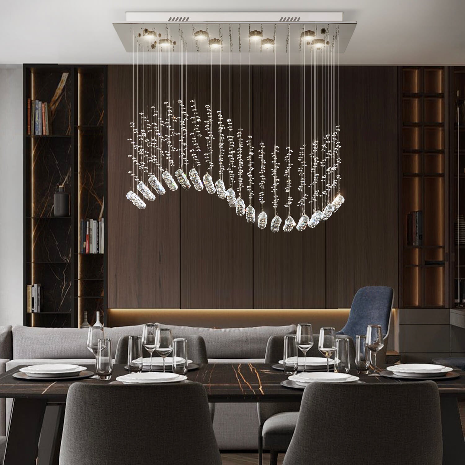 Rectangular Raindrop Wave Crystal Chandelier Ceiling Light dining-room-1 | Sofary Lighting