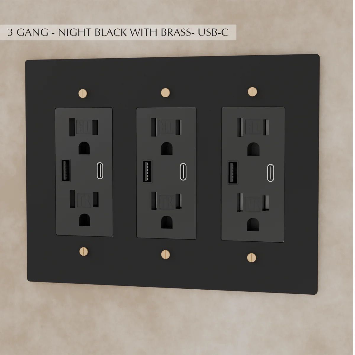 the-brass-outlet-night-black-with-brass-usb-3-gang | Sofary Lighting