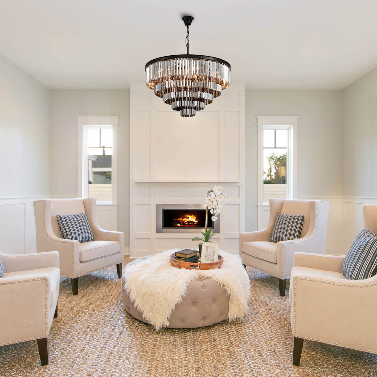 Round Black Iron 5-layer Smoke Gray Crystal Chandelier