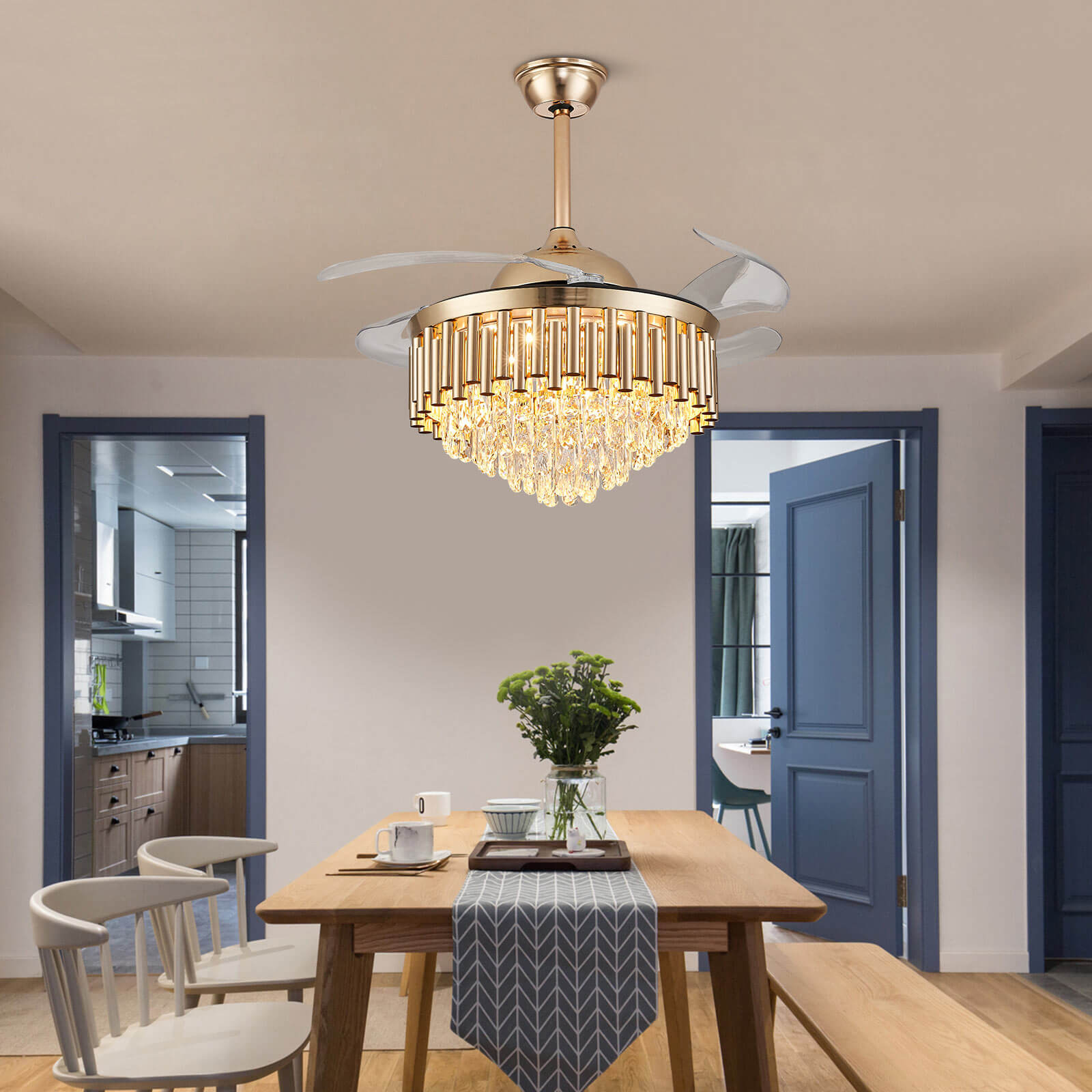 Top-Rated K9 Crystal Round Gold Retractable Fandelier