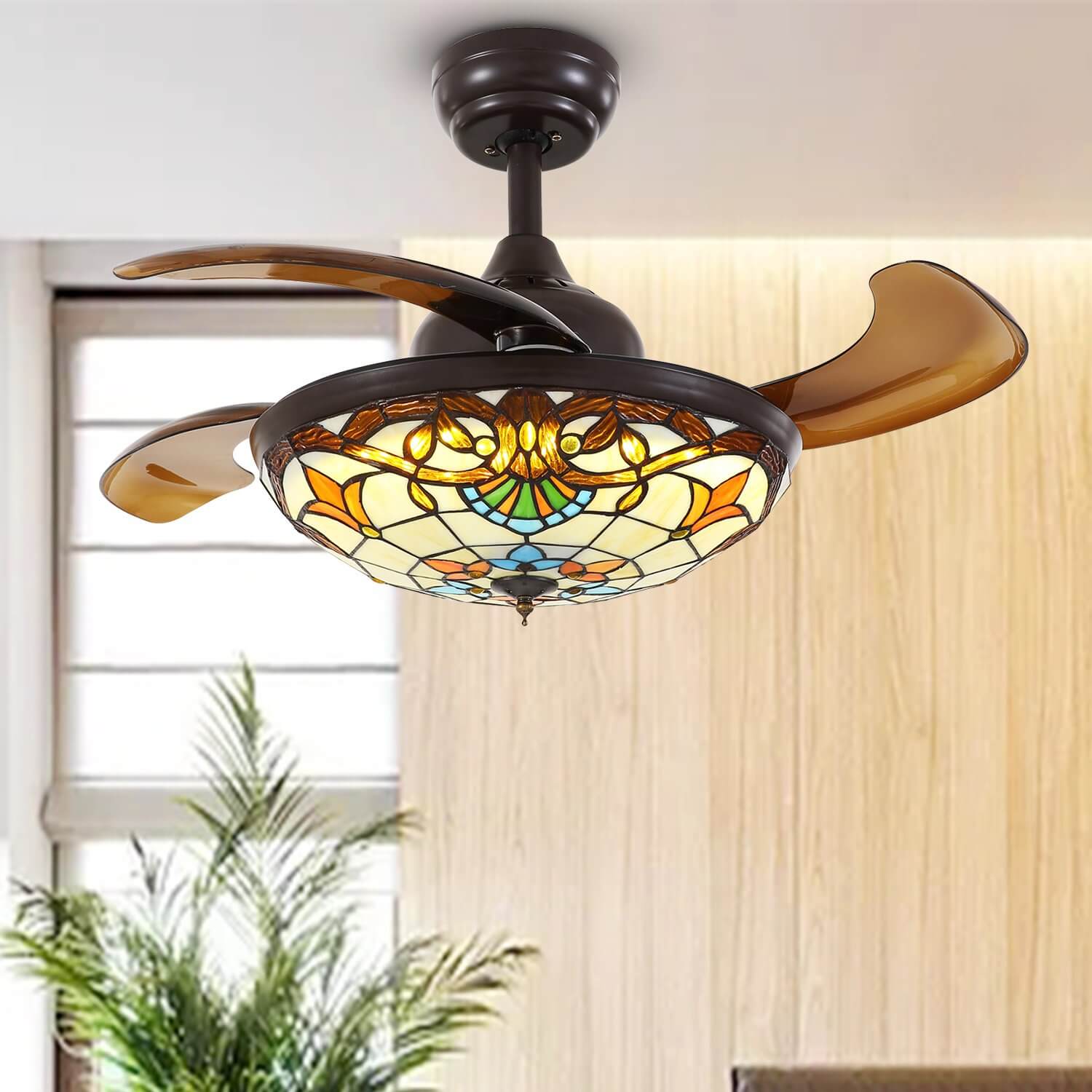 MOOONI-Ceiling-Fan-Chandelier-Matte-Black-Retractable-Tiffany-Fandelier-Brown-Blades