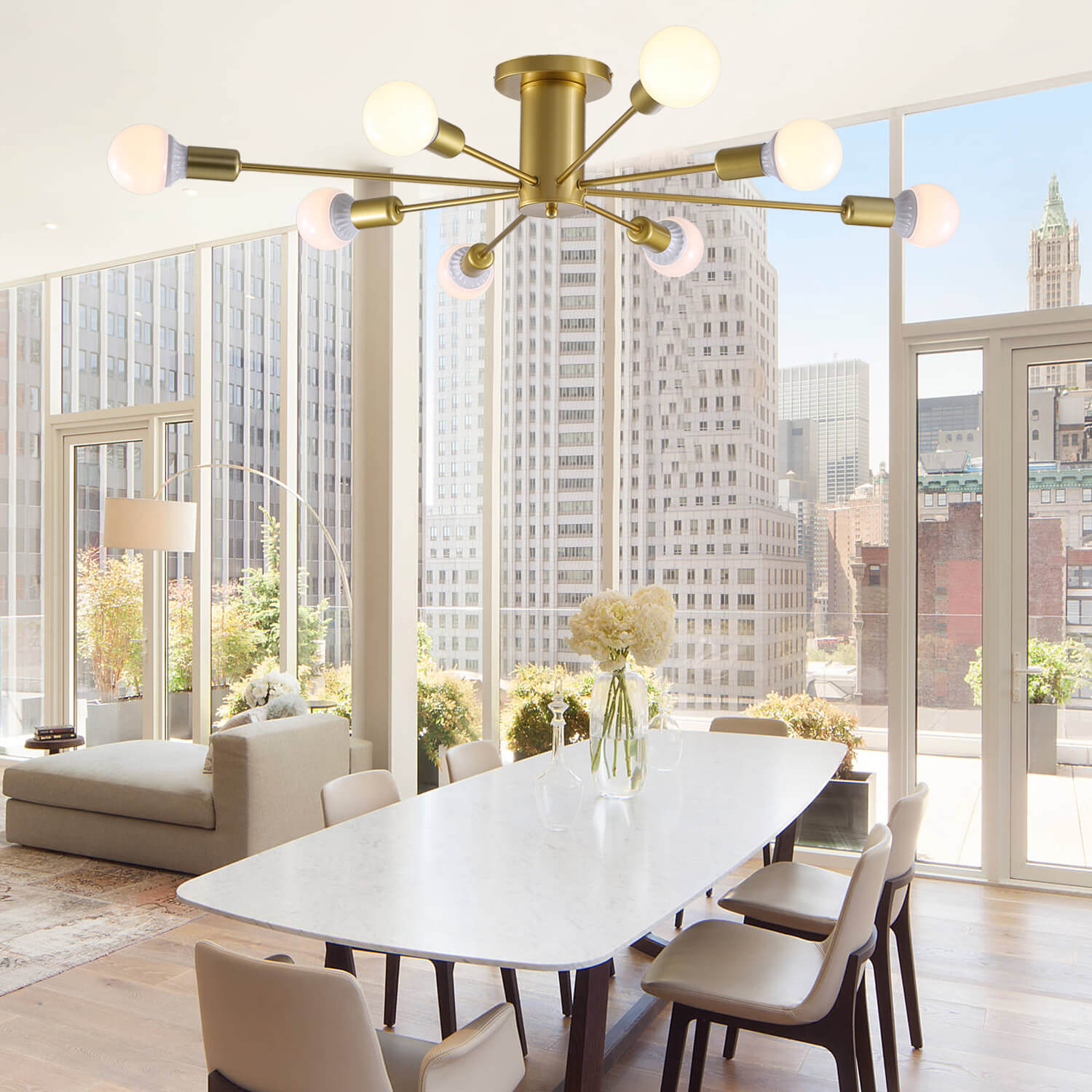 Mid-Century Gold Frame Globe Chandelier 8 Lights