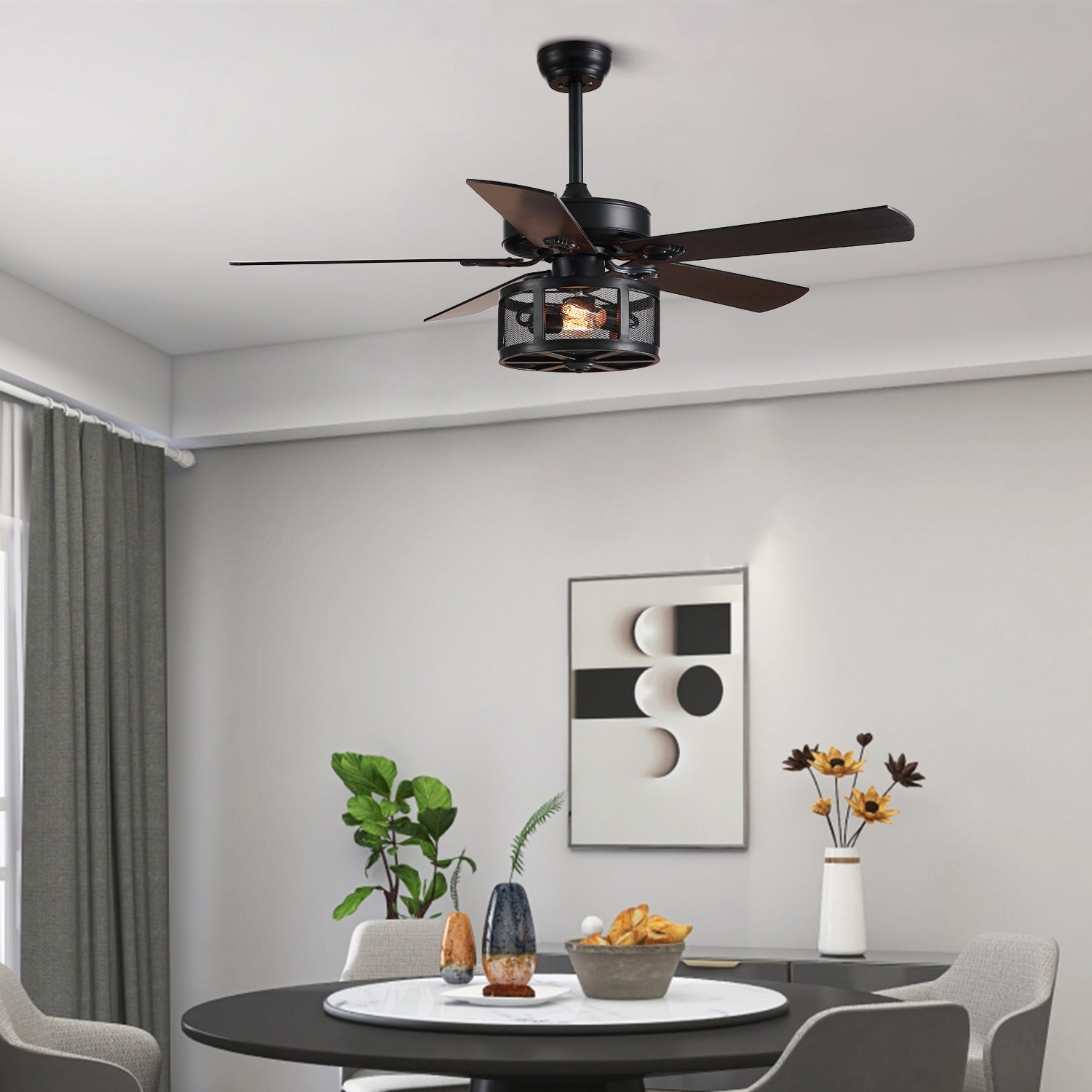 MOOONI-Ceiling-Fan-Light-Matte-Black-Vintage-Drum-Screen-Living-Room-Ceiling-Fan-50“-Dining-Room