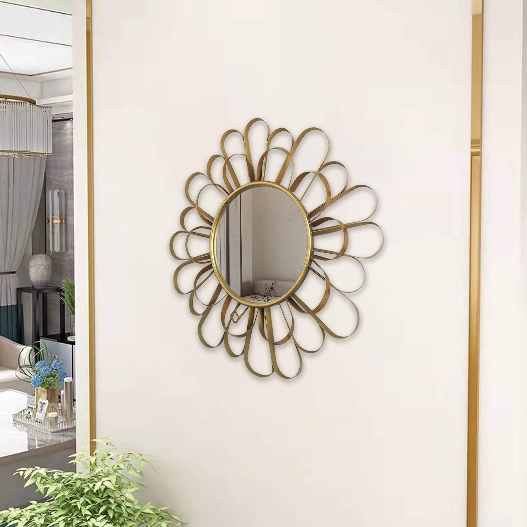 Modern-Round-Gold-Flower-Metal-Frame-Round -Wall-Mirror