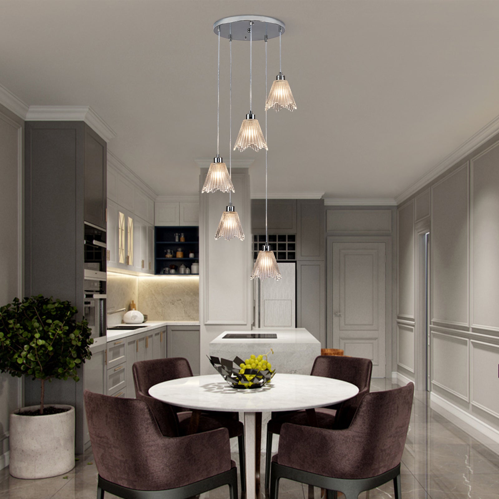 Spiral Chrome Bamboo Hat Glass Chandelier