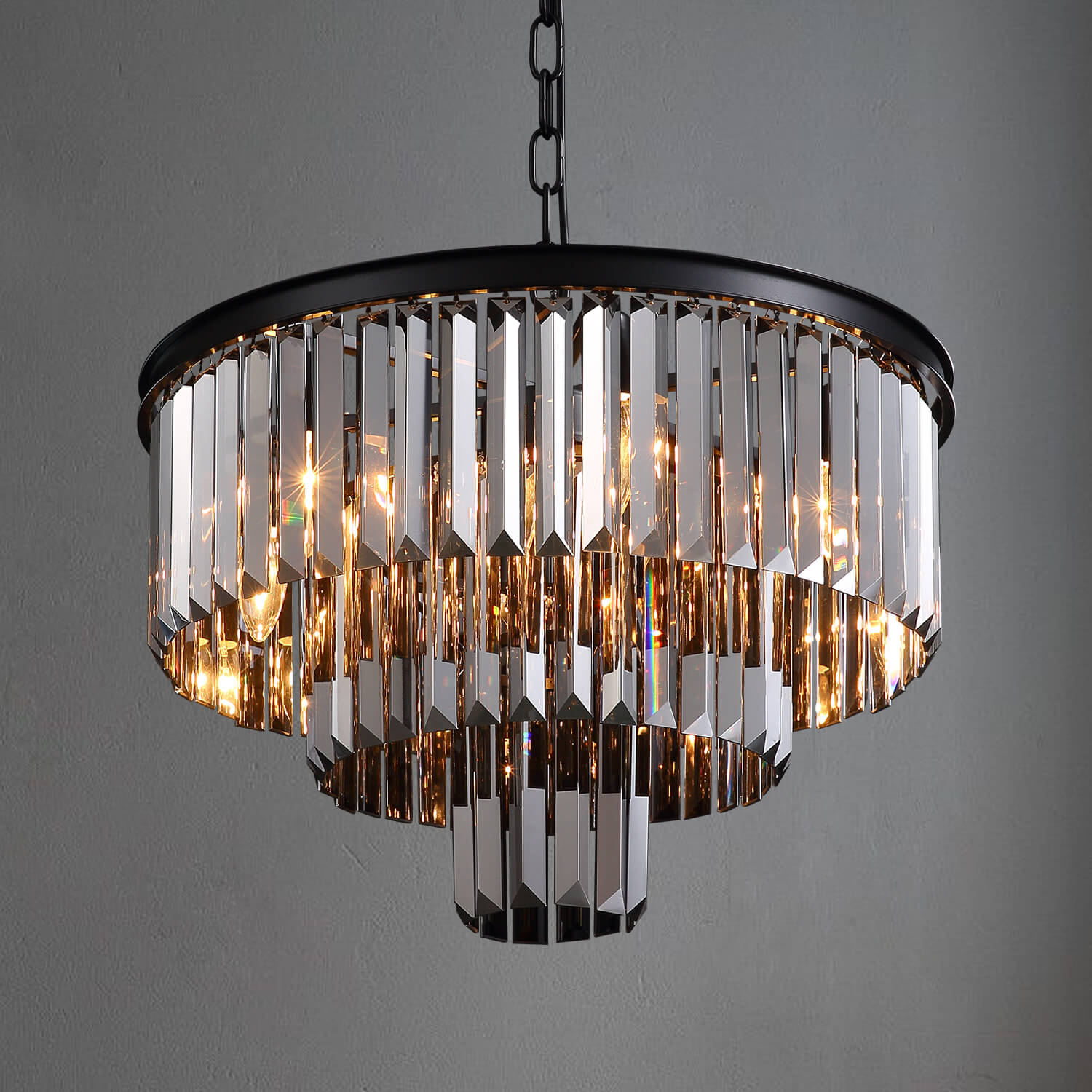 Smoke Gray Round Iron Art 3-layer Chandelier