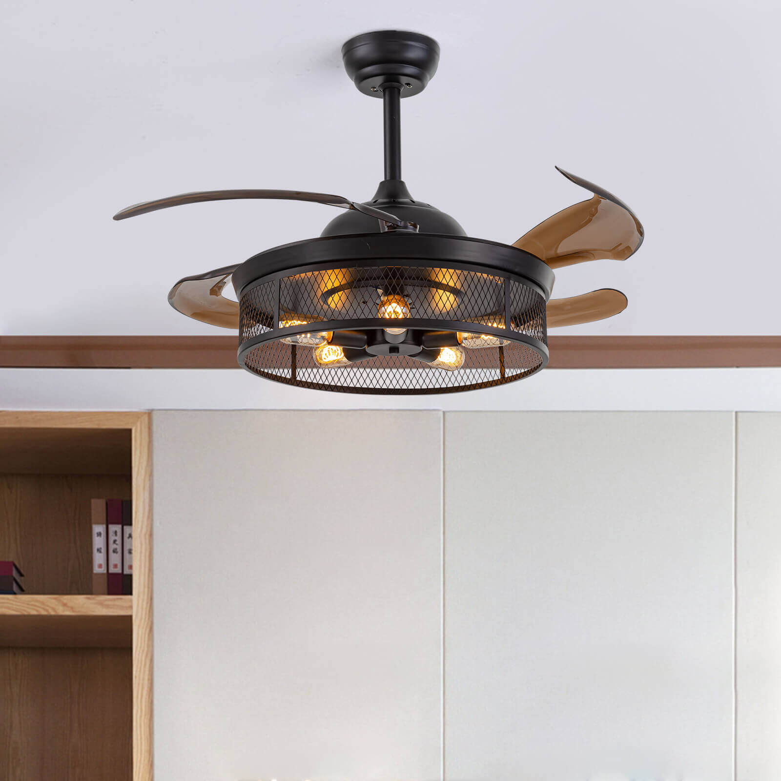 Industrial Black Caged Retractable Fandelier