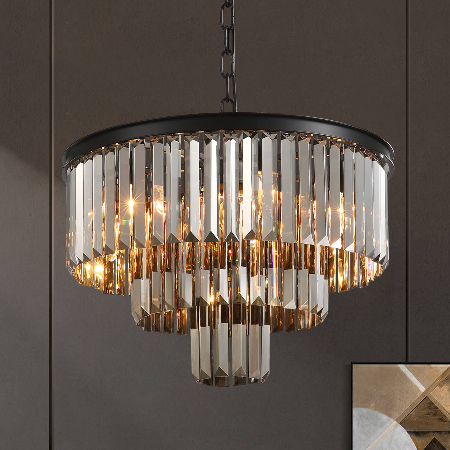 Smoke Gray Round Iron Art 3-layer Chandelier