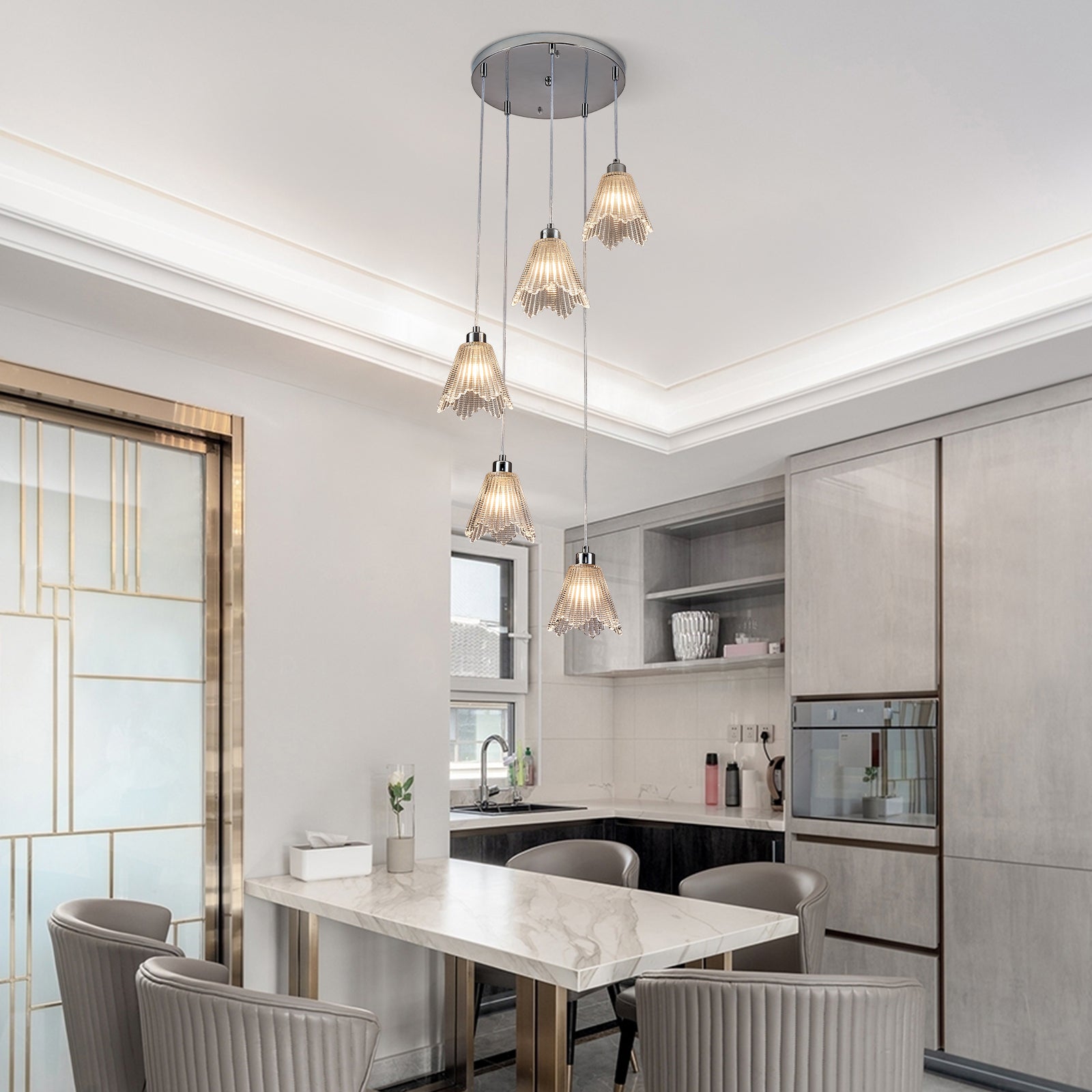 Spiral Chrome Bamboo Hat Glass Chandelier