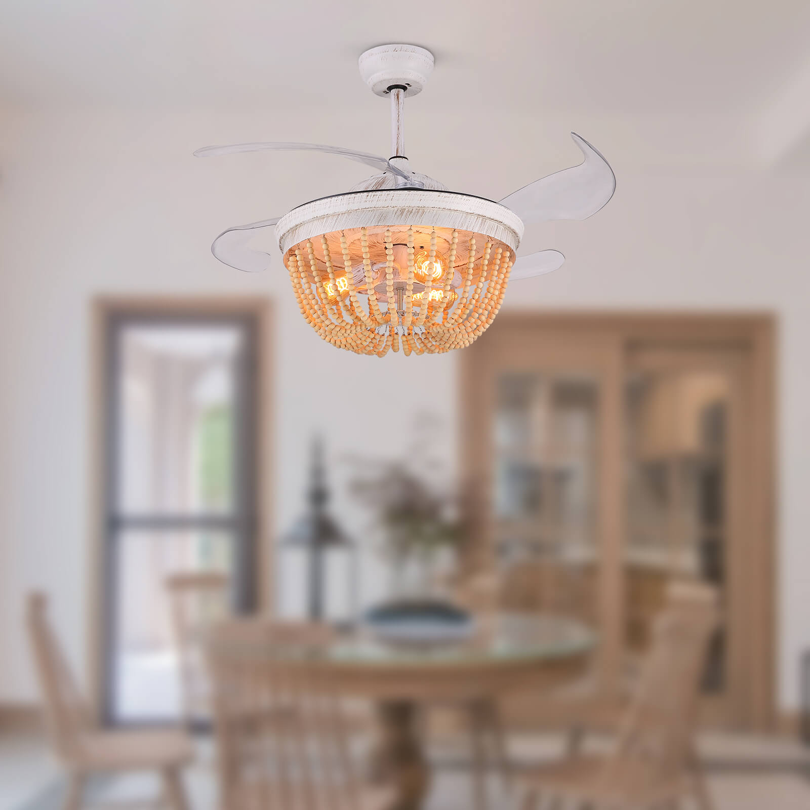 Wooden French Country Beaded Ceiling Fan Light