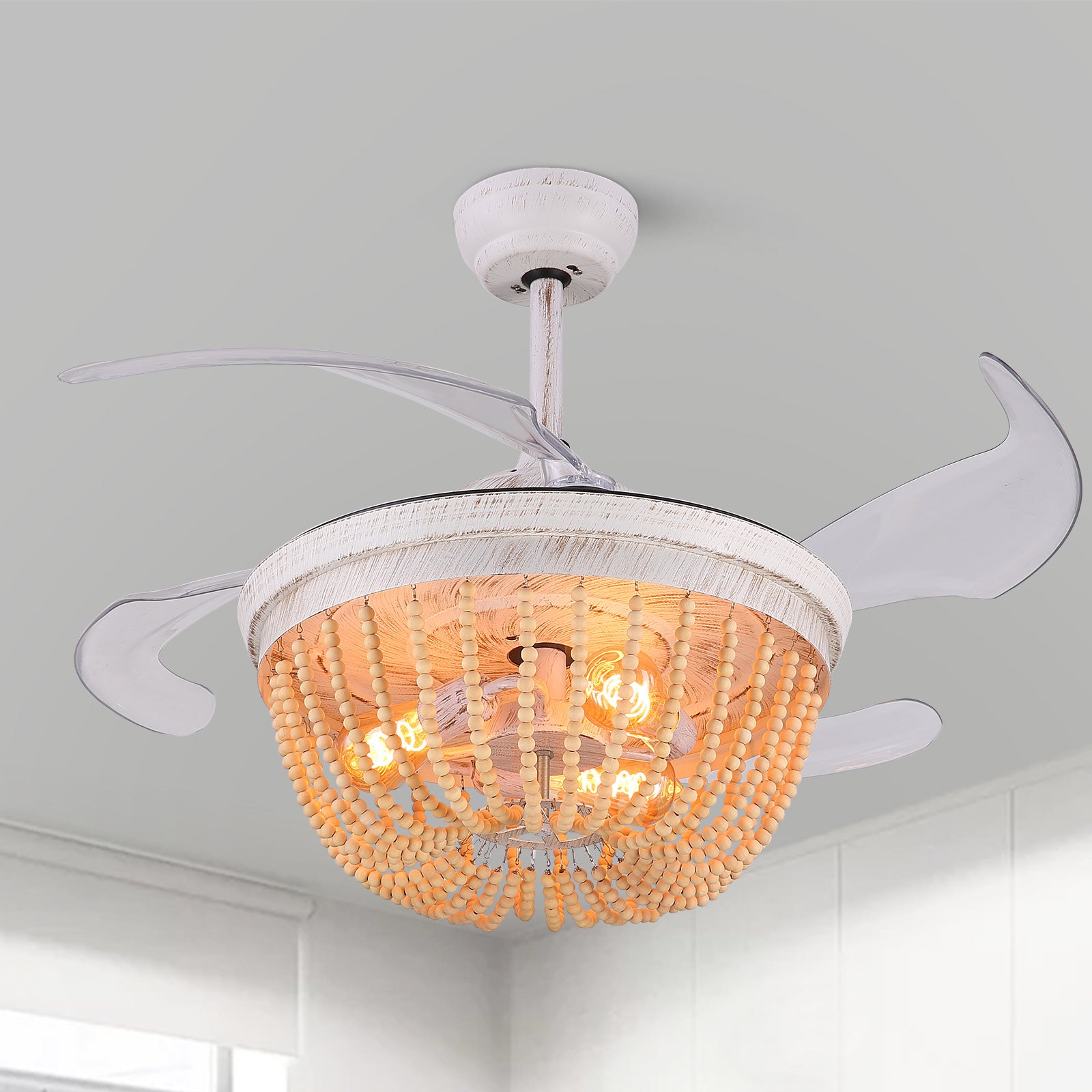 Wooden French Country Beaded Ceiling Fan Light