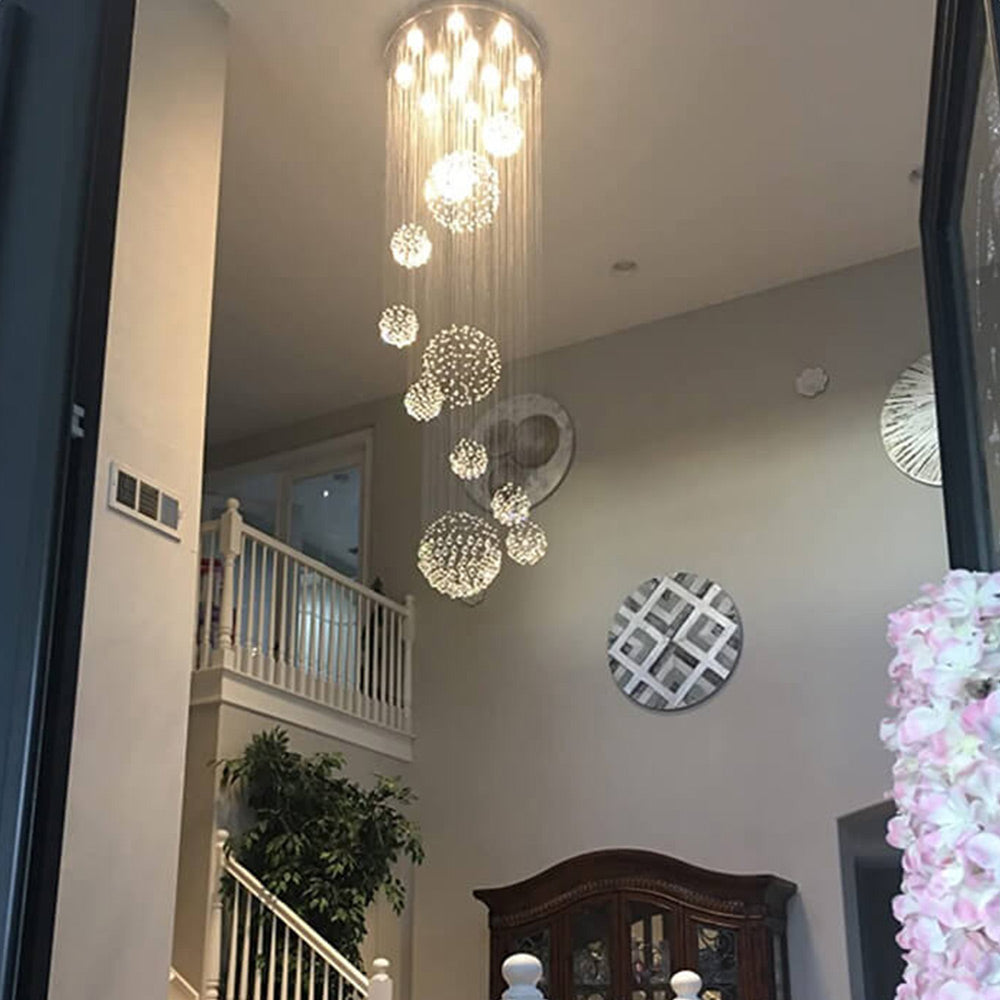 Glitzy Crystal Spiral Raindrop Chandelier For Long Staircase & Entry Foyer