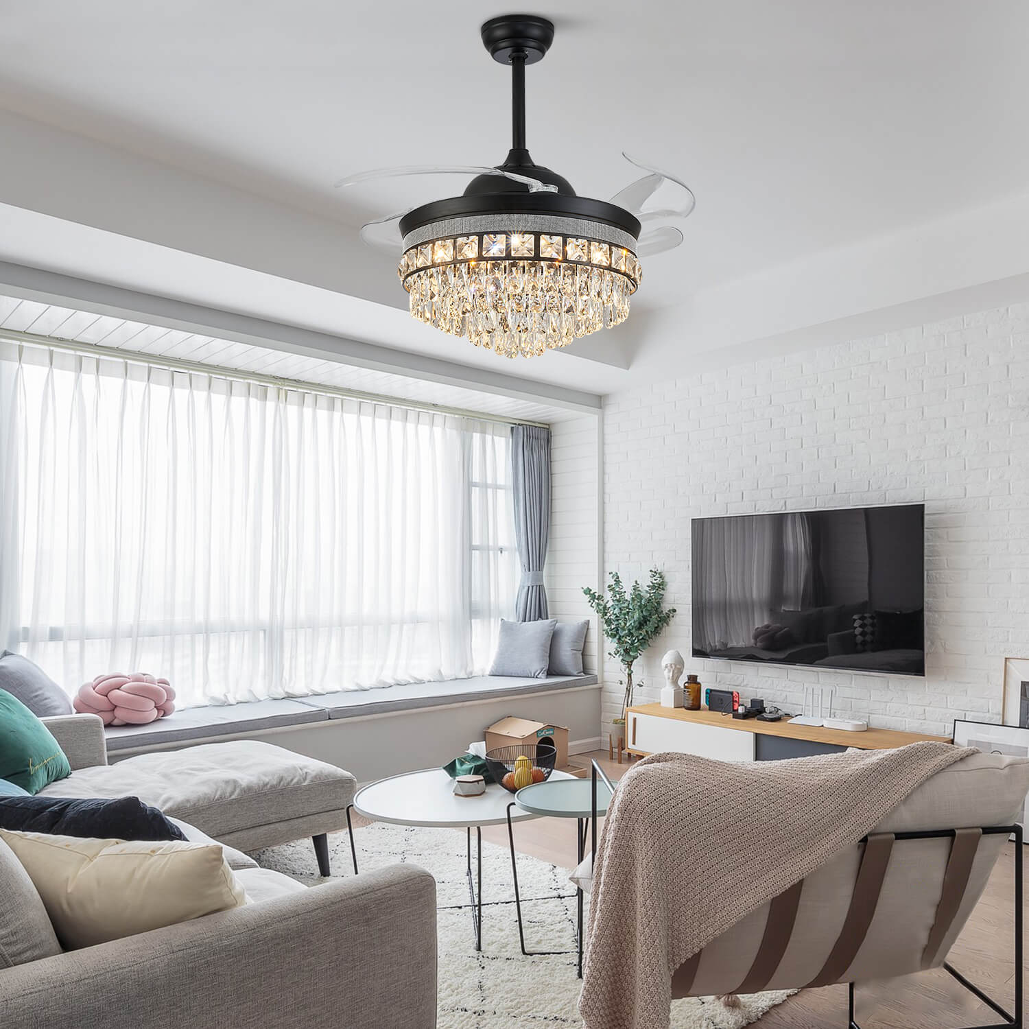 Top Rated Black Retractable Crystal Ceiling Fan Chandelier