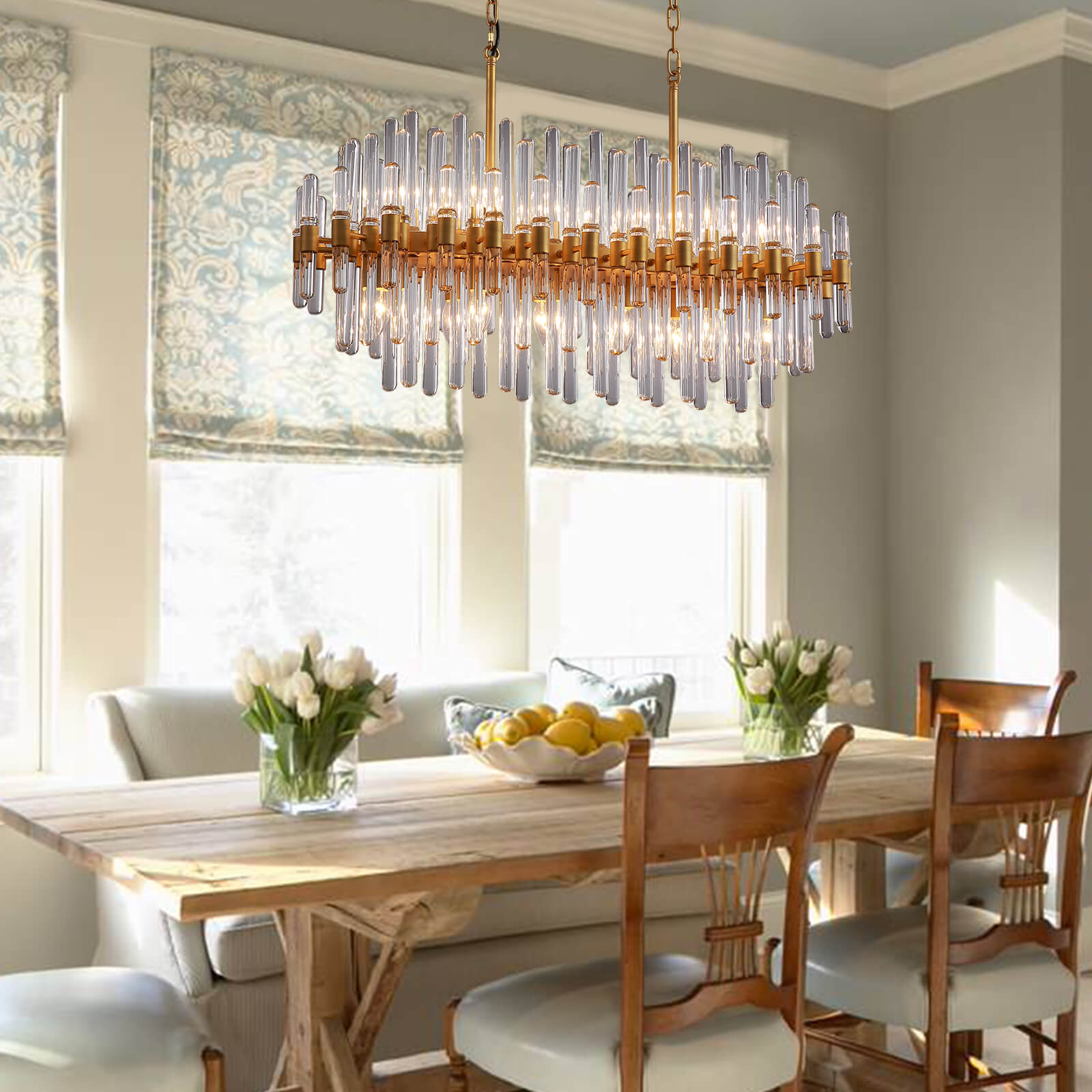 Rectangular Gold Frame Glass Bar Chandelier For Kitchen