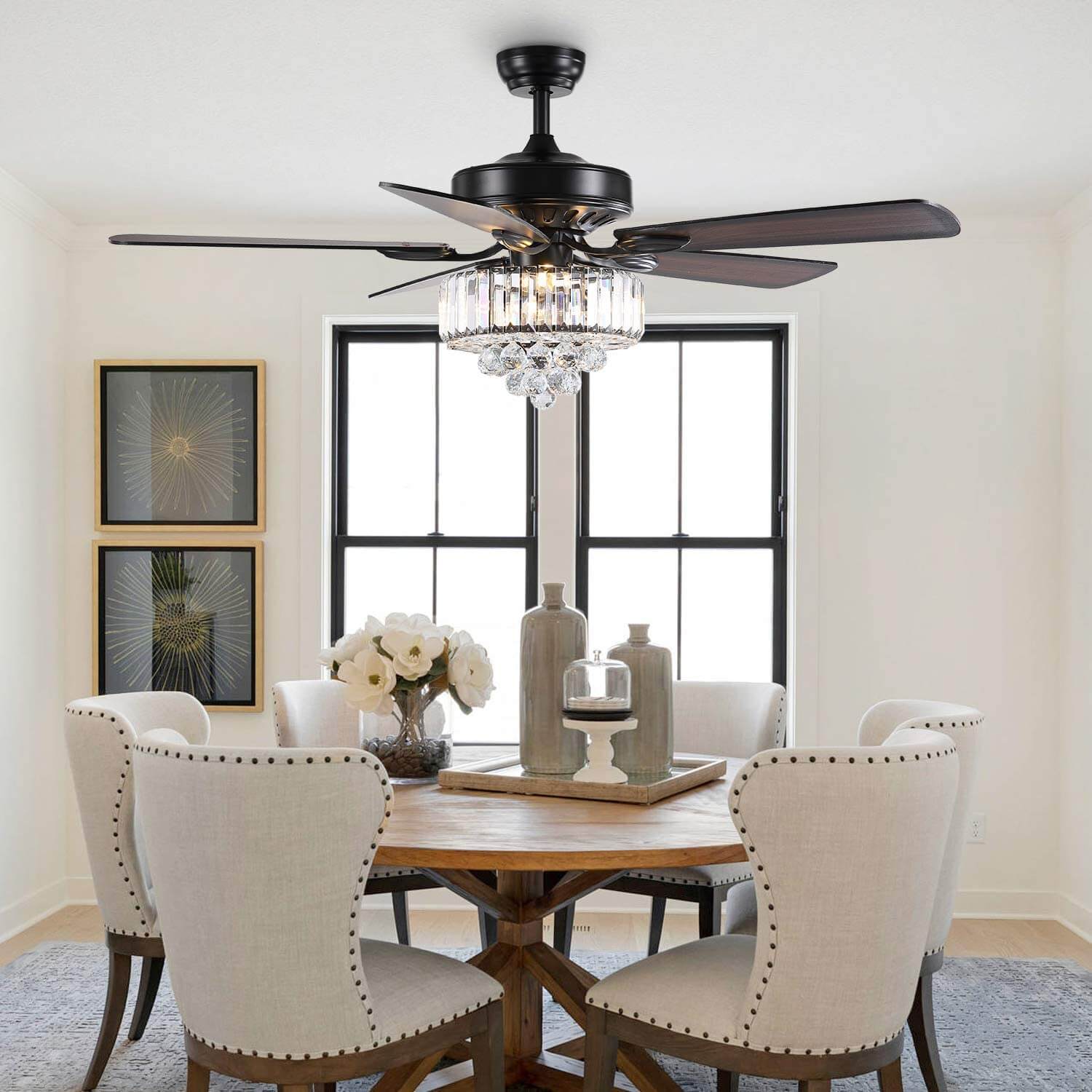 MOOONI-Ceiling-Fan-Light-Matte-Black-Finish-Vertical-Crystal-Fandelier-52“-Dining-Room