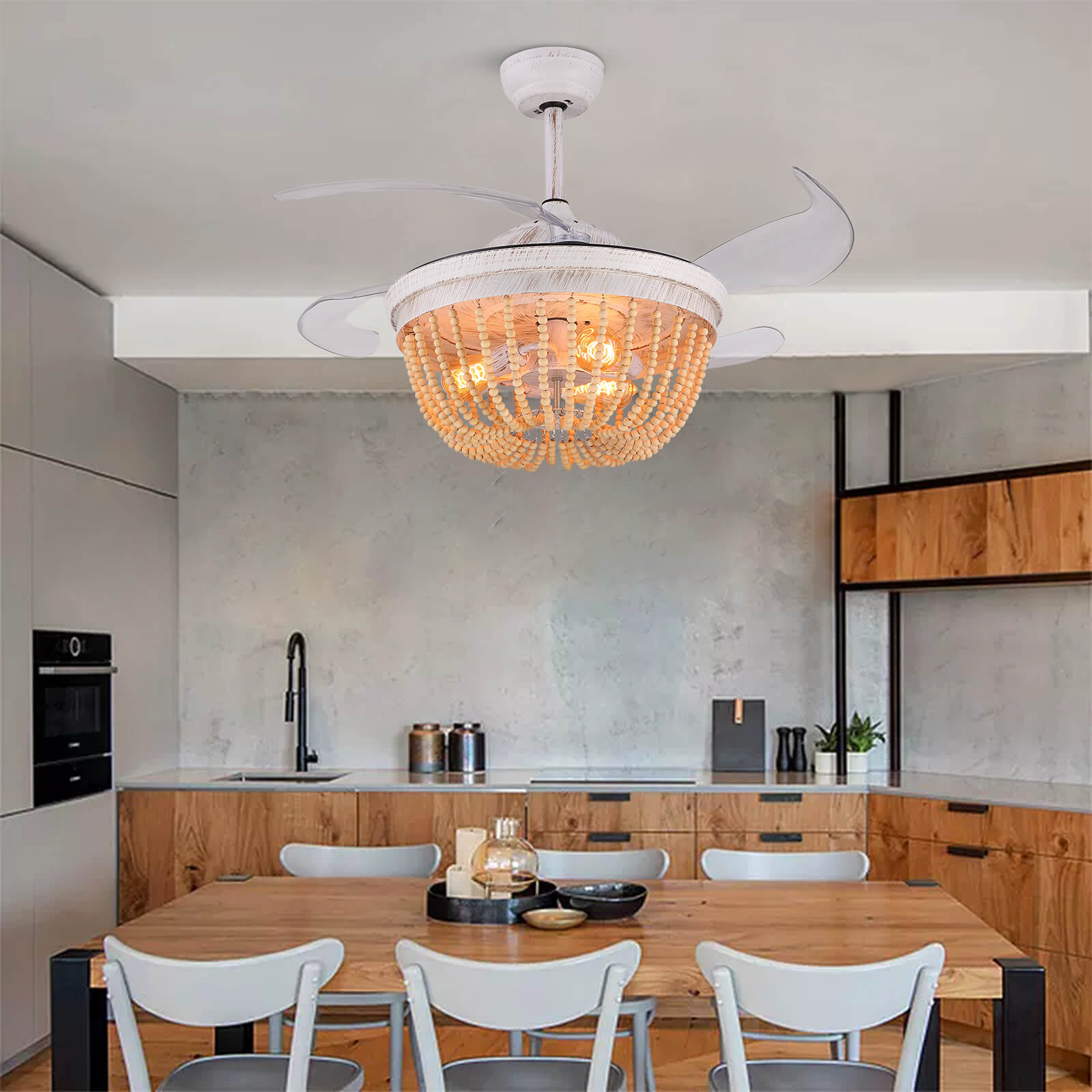 Wooden French Country Beaded Ceiling Fan Light