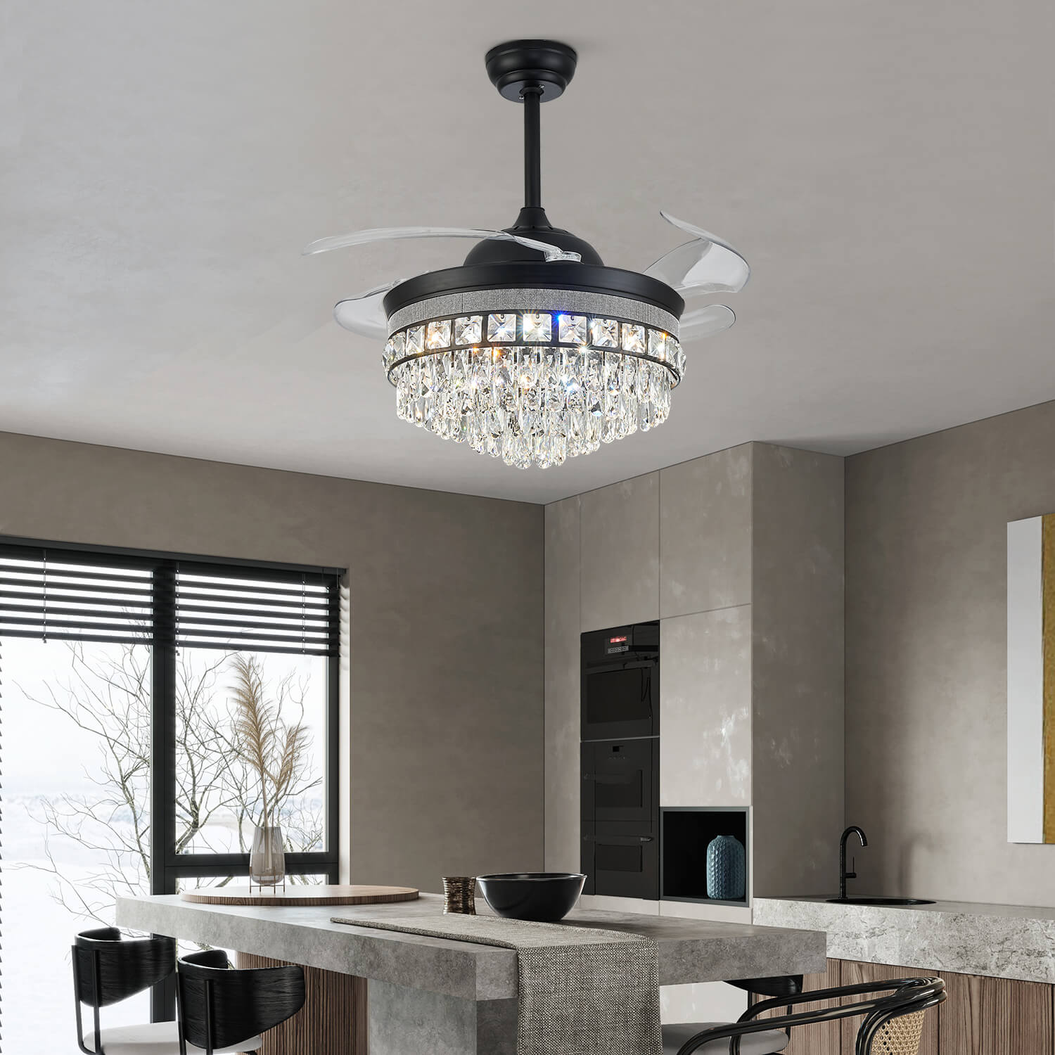 Top Rated Black Retractable Crystal Ceiling Fan Chandelier