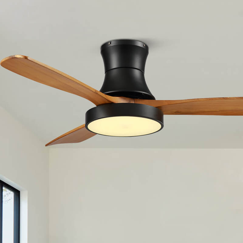 MOOONI-Hugger-Ceiling-Fan-With-Light-LED Strip-Matte-Black-Lampshade-Wood-Blades