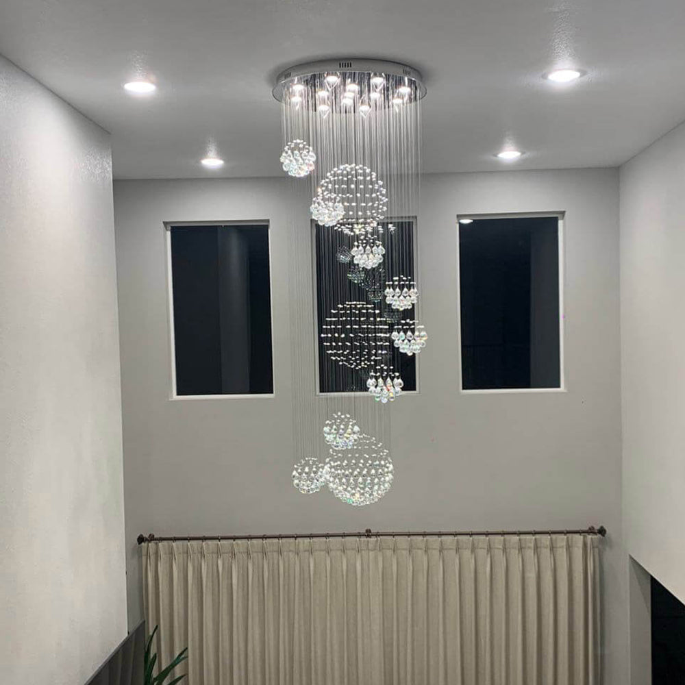 Glitzy Crystal Spiral Raindrop Chandelier For Long Staircase & Entry Foyer