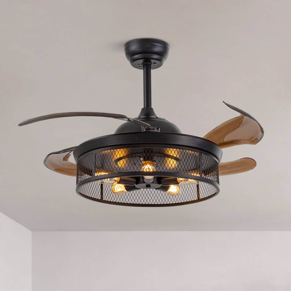 Industrial Black Caged Retractable Fandelier