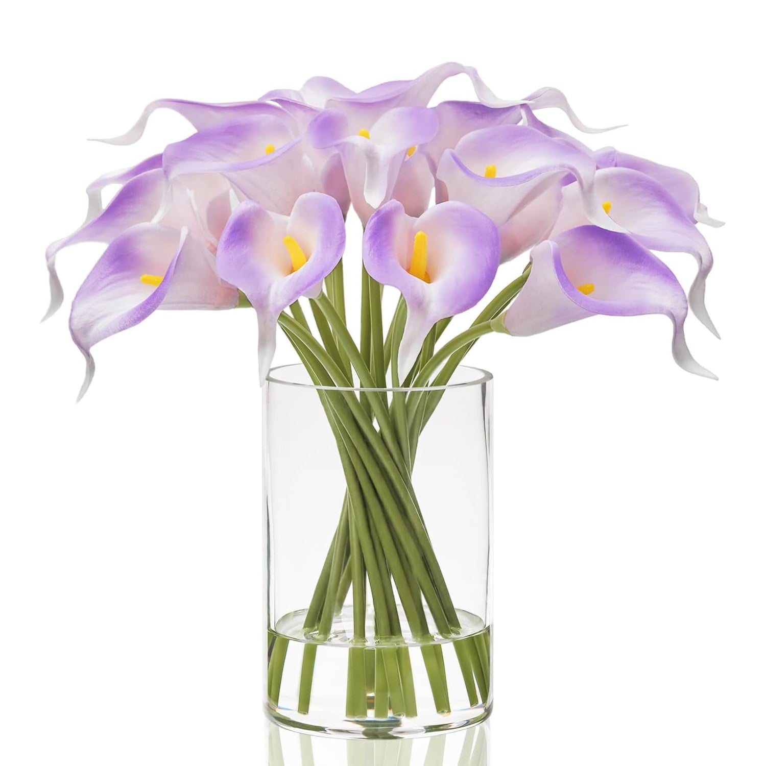Artificial White & Purple Calla Lilies in Glass Vase with Faux Water – Elegant Table Centerpiece