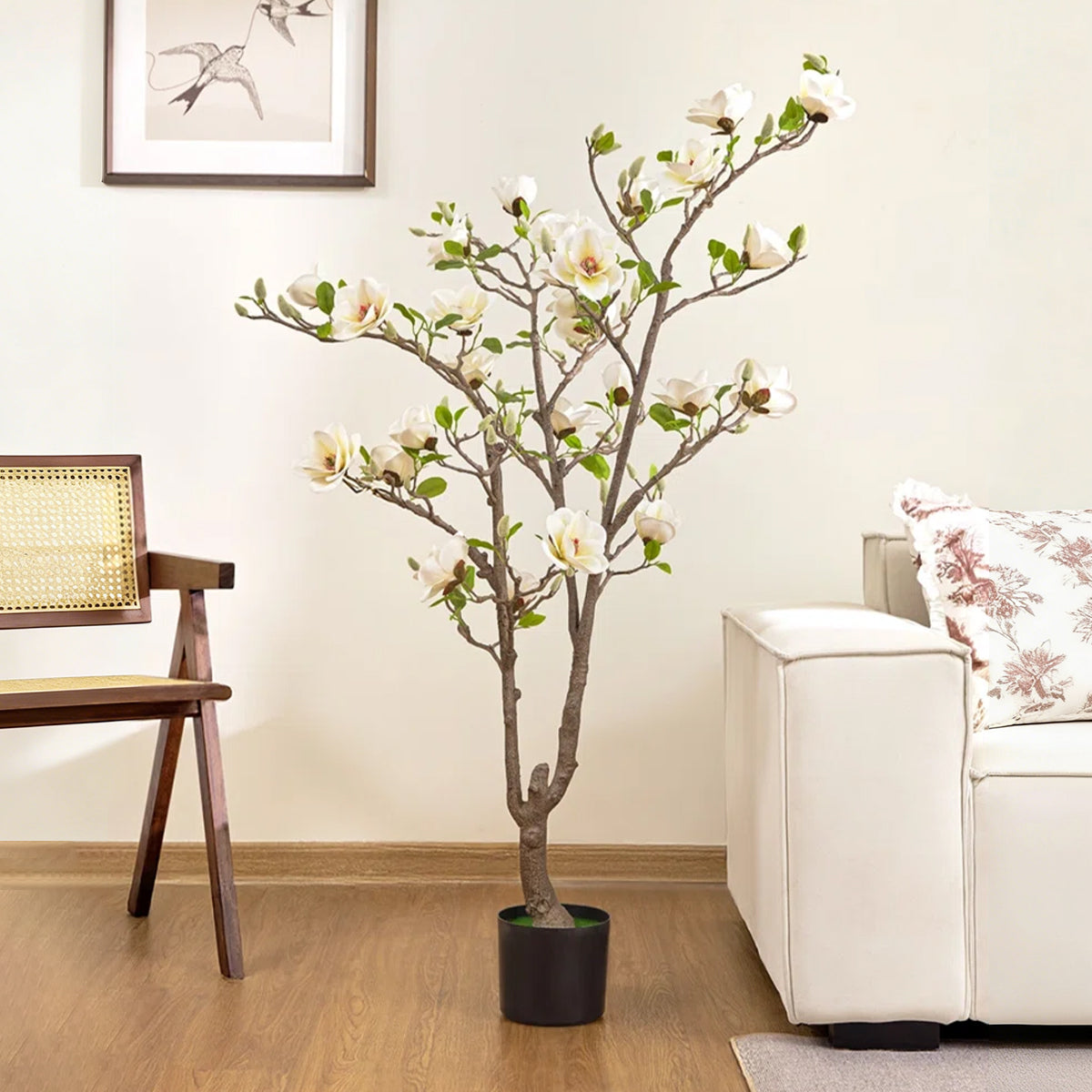 Artificial White Magnolia Tree in Pot – Realistic Faux Indoor Floor Plant for Home & Office Décor