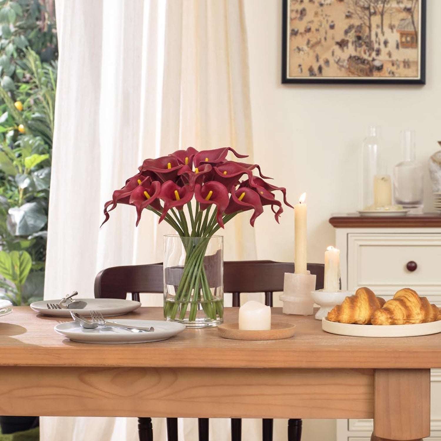 Artificial Burgundy Red Calla Lilies in Glass Vase with Faux Water – Elegant Table Centerpiece