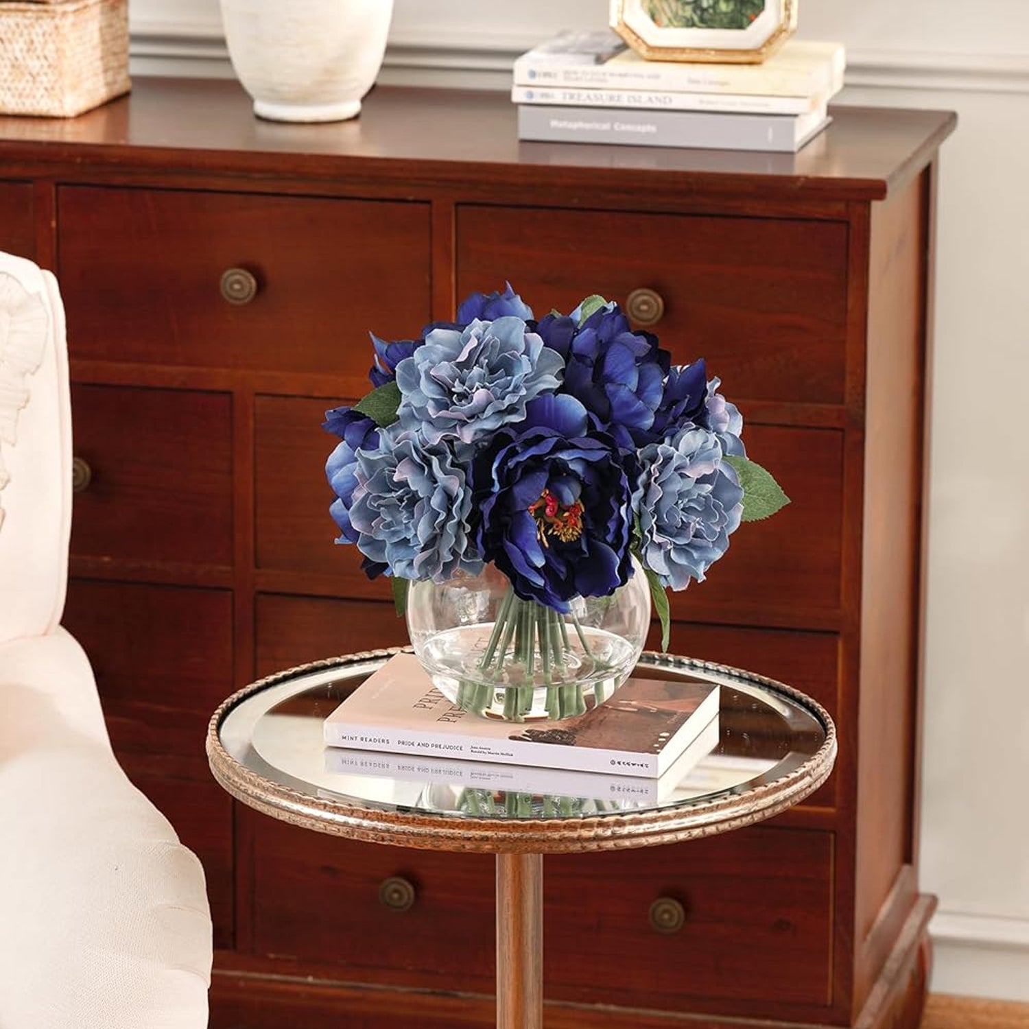 Artificial Blue Peonies in Glass Vase with Faux Water – Elegant Table Centerpiece