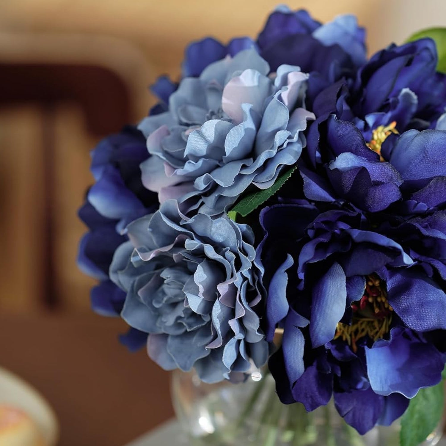 Artificial Blue Peonies in Glass Vase with Faux Water – Elegant Table Centerpiece