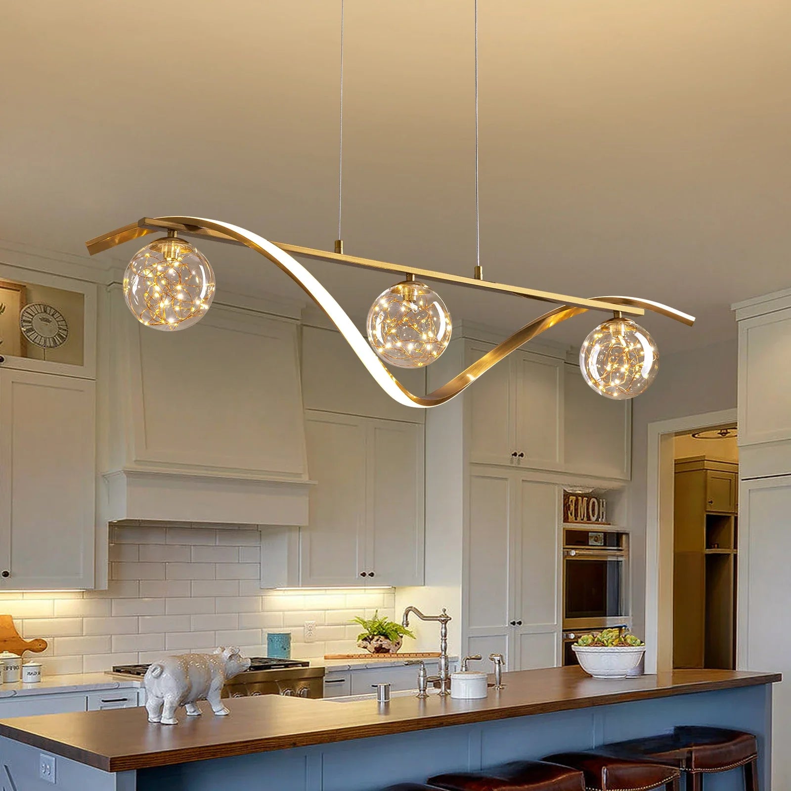 Linear LED Pendant Chandelier in Gold with Glass Globe Shade-Sofary Lighting