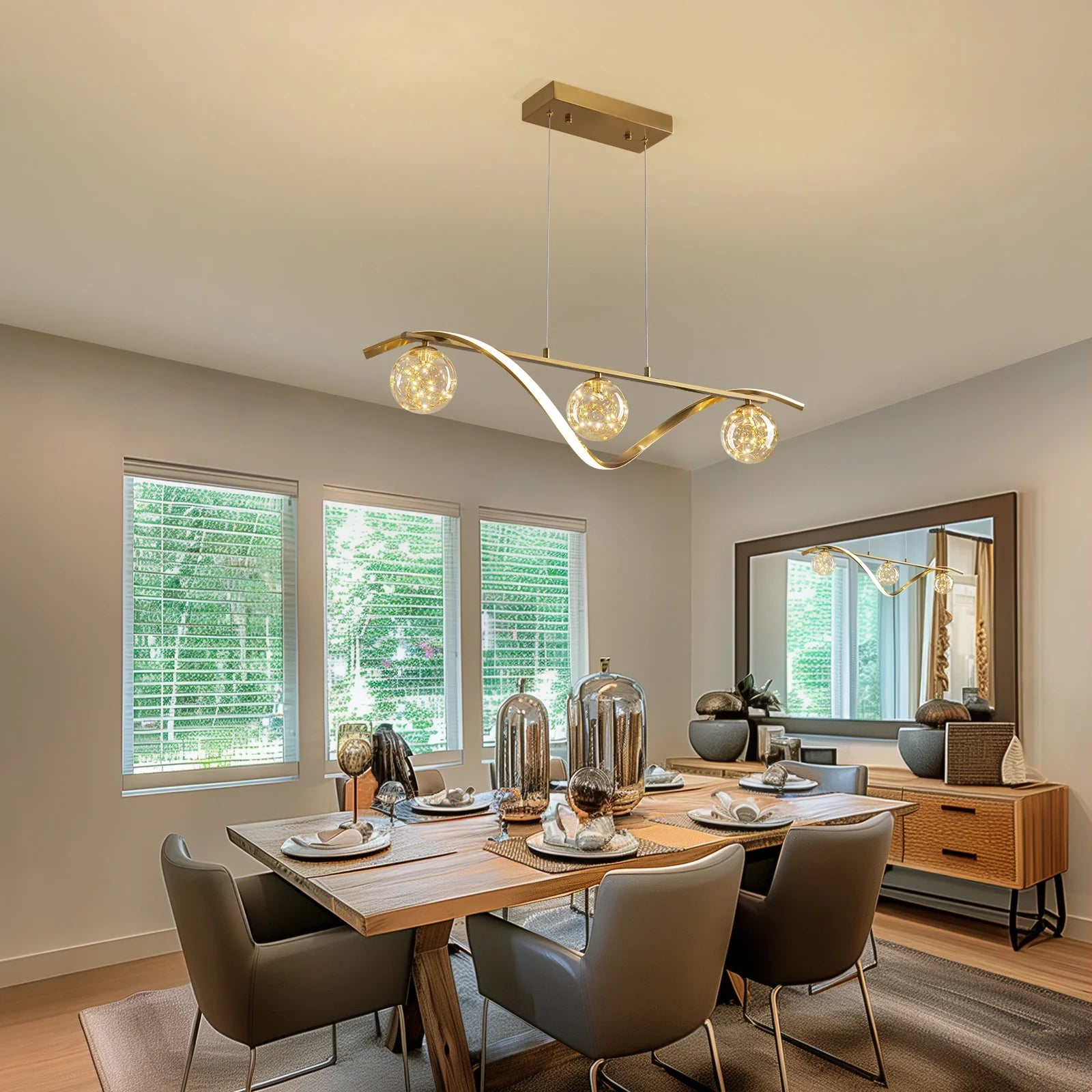 Linear LED Pendant Chandelier in Gold with Glass Globe Shade-Sofary Lighting