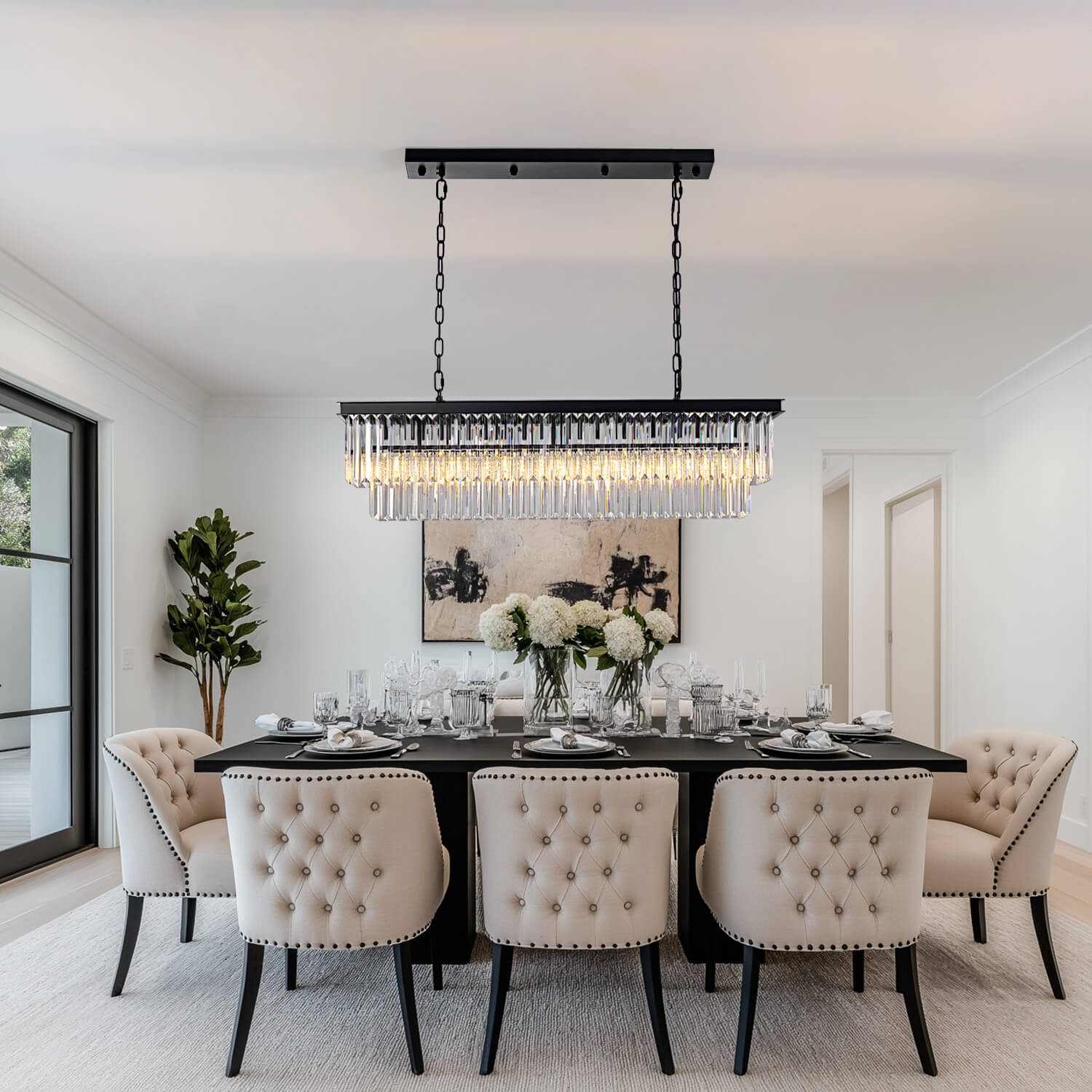 Modern Glam Black Metal Crystal Rectangular Chandelier for Dining Room and Kitchen Island | Siljoy Lighting-ch028-20250623-5
