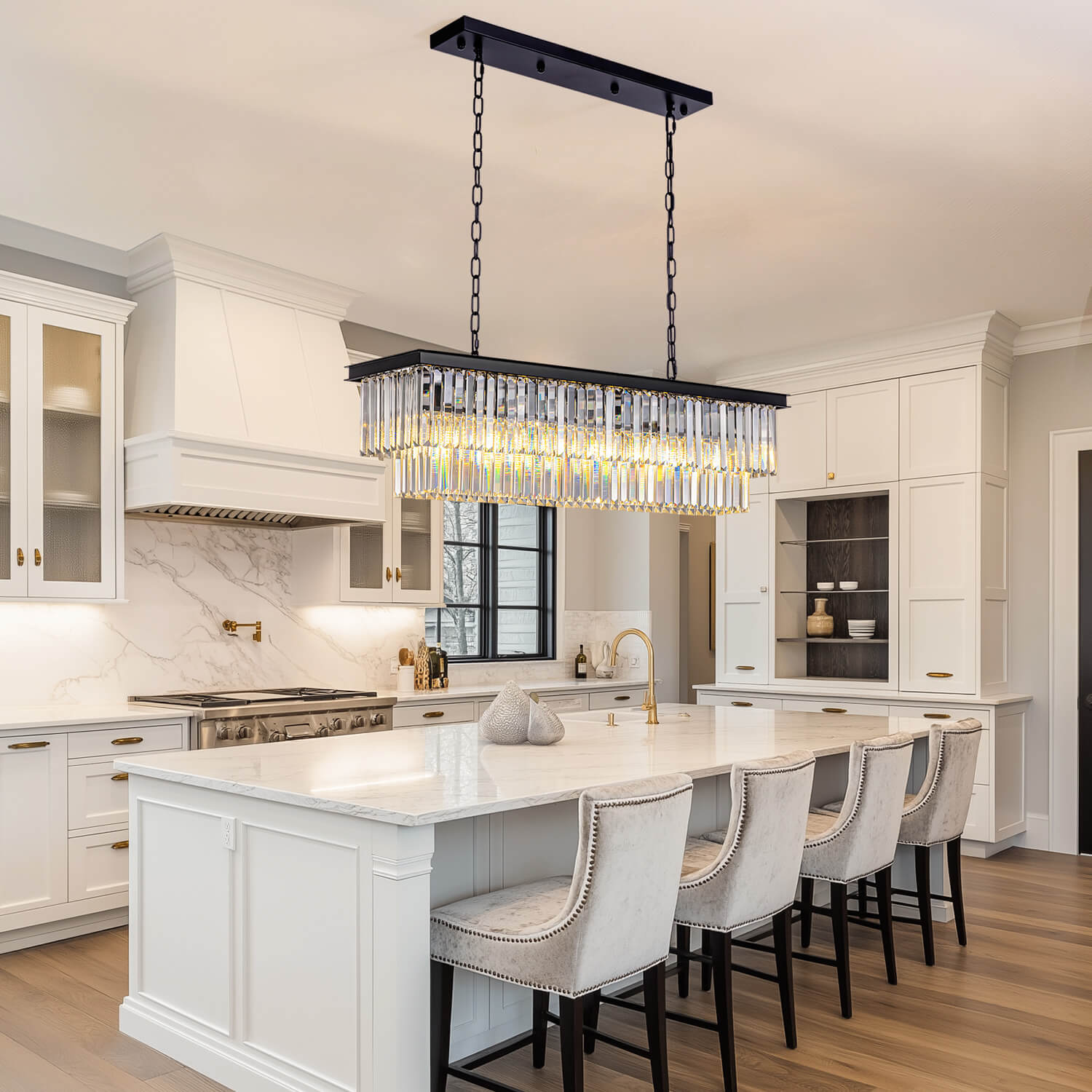 Modern Glam Black Metal Crystal Rectangular Chandelier for Dining Room and Kitchen Island | Siljoy Lighting-ch028-20250623-7