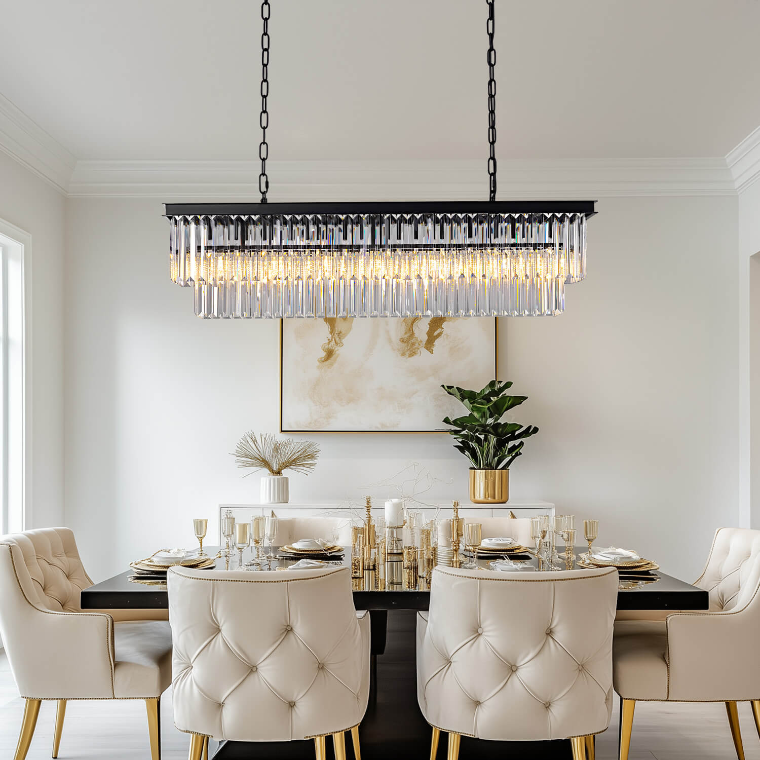 Modern Glam Black Metal Crystal Rectangular Chandelier for Dining Room and Kitchen Island | Siljoy Lighting-ch028-20250623-3